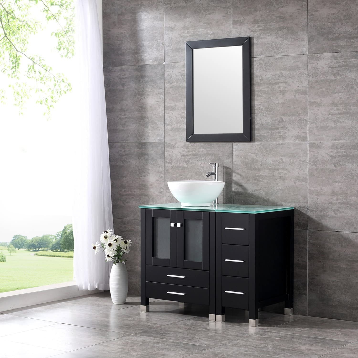 Black Tempered Glass Solid Manufactured Wood Single Bathroom Vanity Set With Mirror