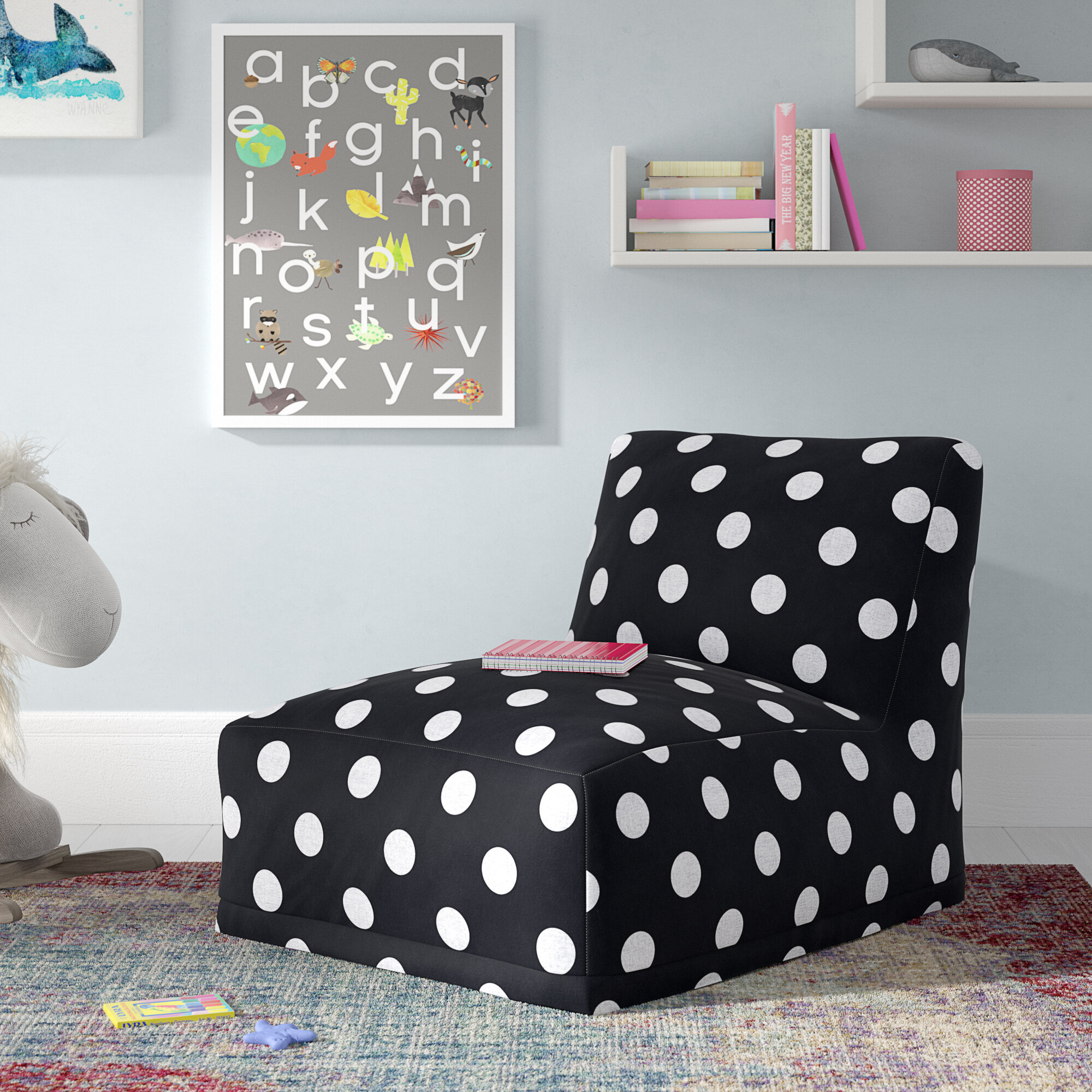 Black White Cotton Twill Square Bean Bag Chair