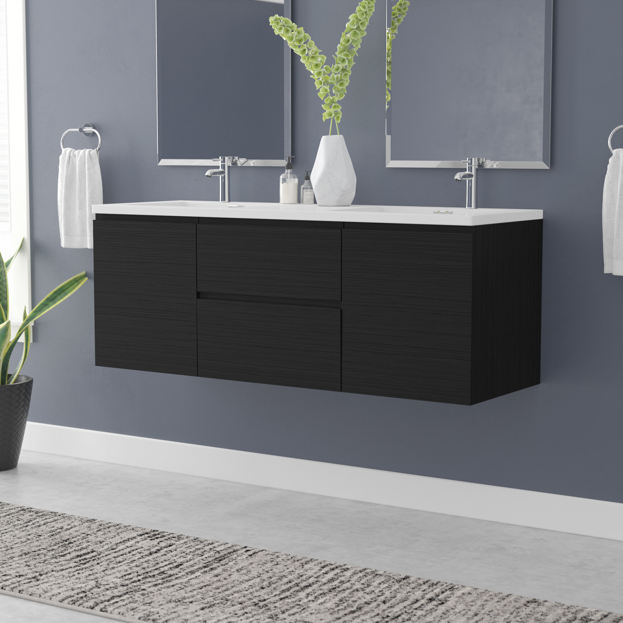 Black White Oak Manufactured Wood Plastic Modern &amp;amp;amp;amp;amp;amp;amp; Contemporary Wall Mounted Double Bathroom Vanity Set