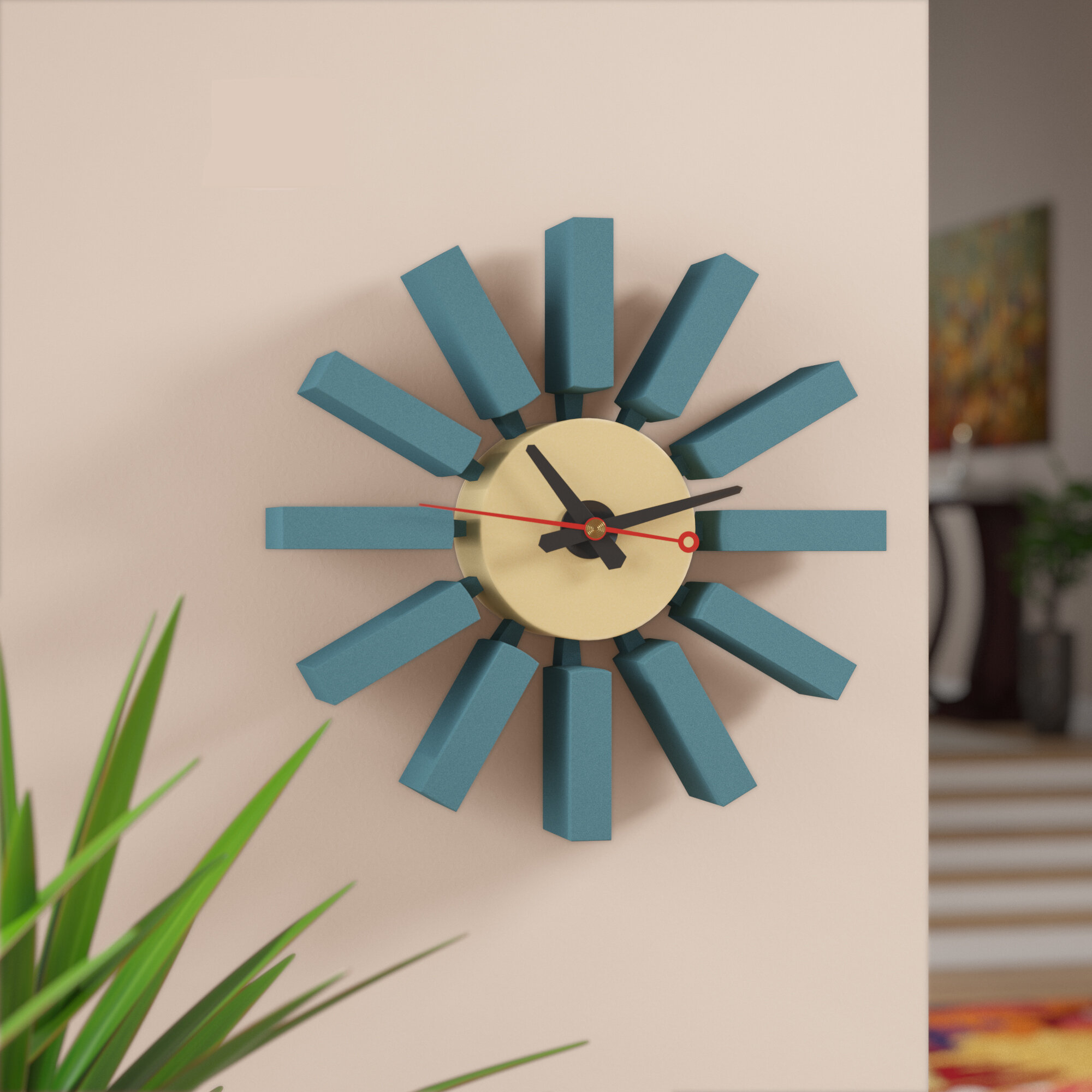 Blue Flor Wood Analog Wall Clock