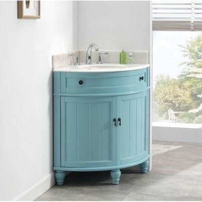 Blue White Rubberwood Solid Manufactured Wood Marble Corner Single Bathroom Vanity Set