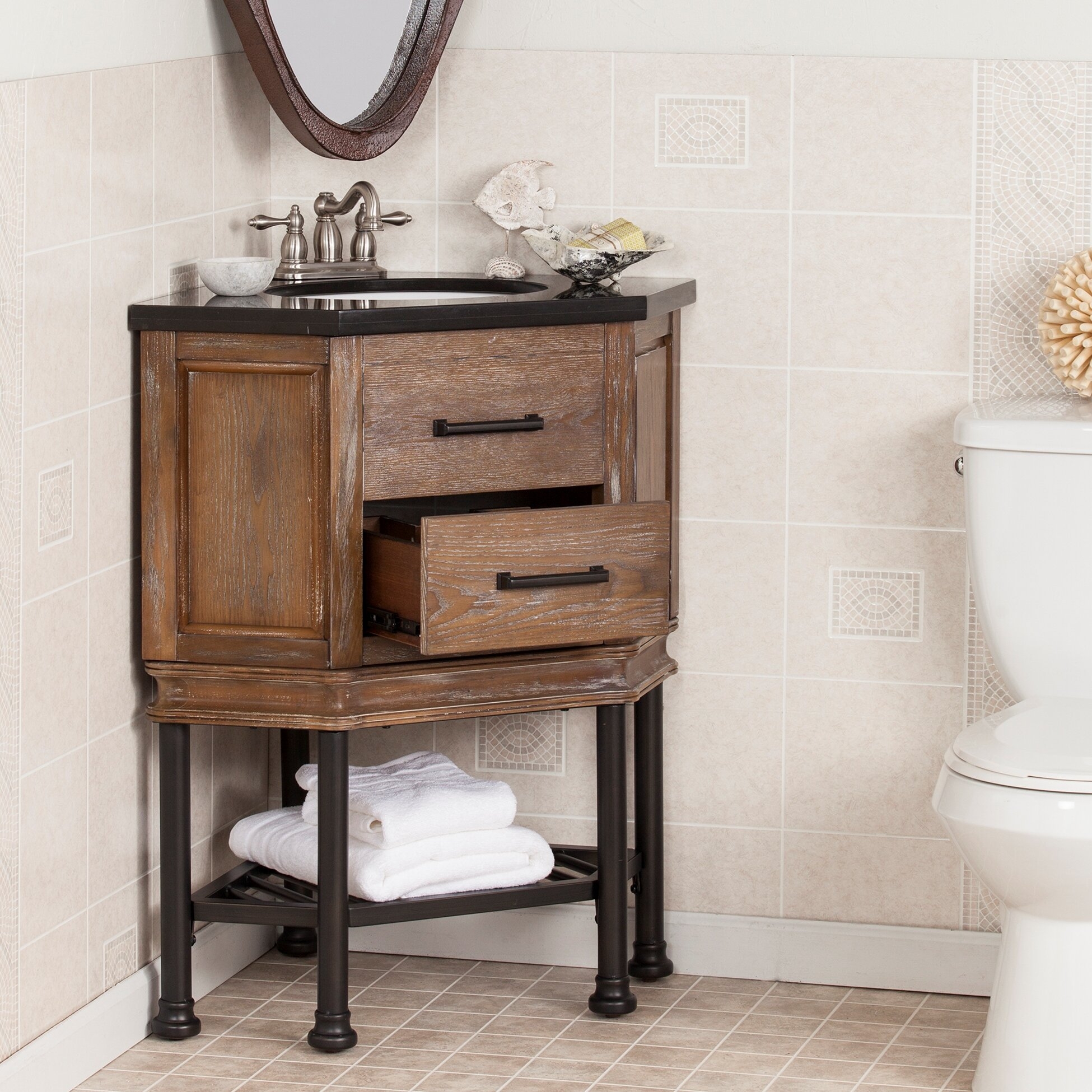 Brown Gray Black Single Corner Bath Vanity Sink With Granite Top