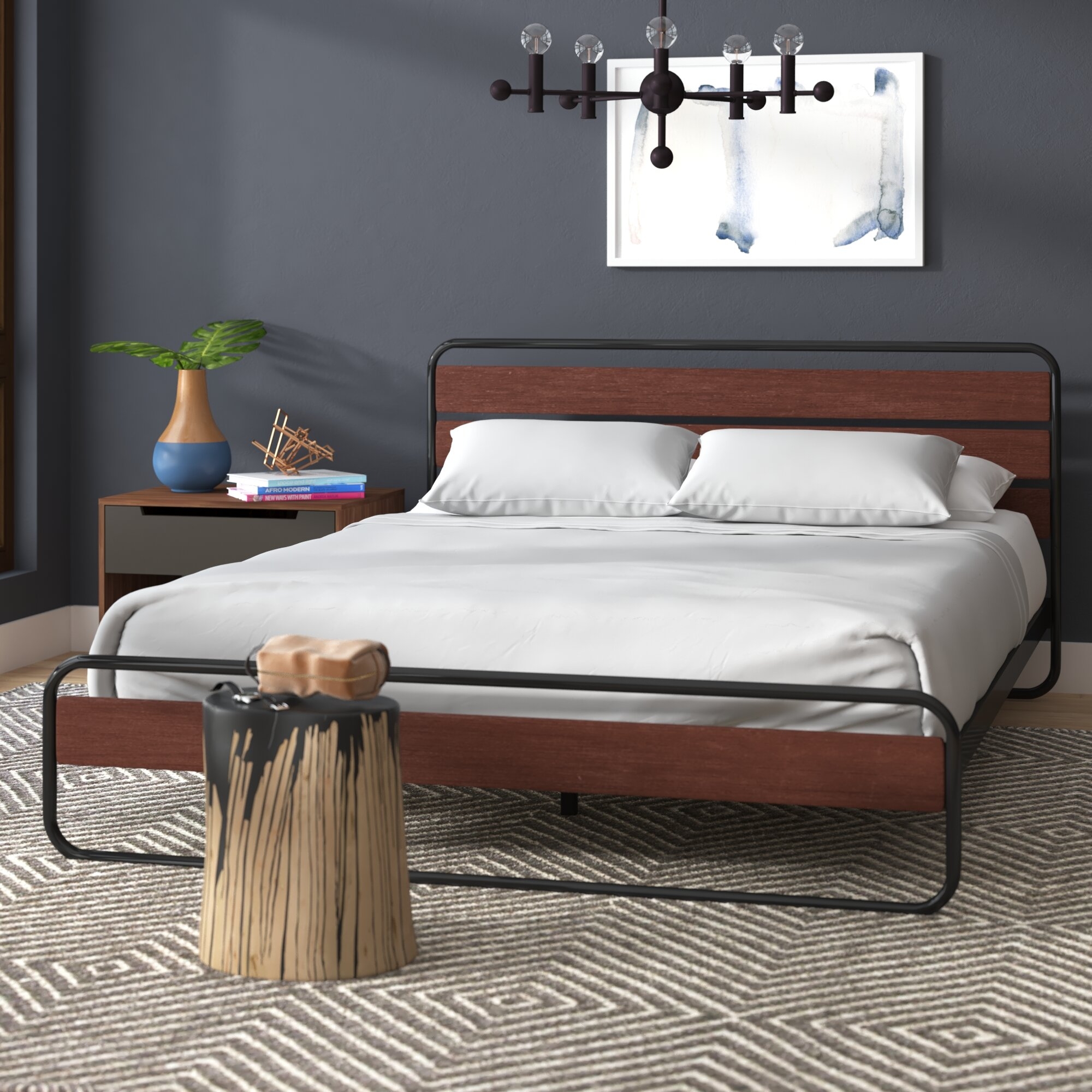 Brown Metal Steel Plywood Pine Solid Manufactured Wood Platform Bed Frame