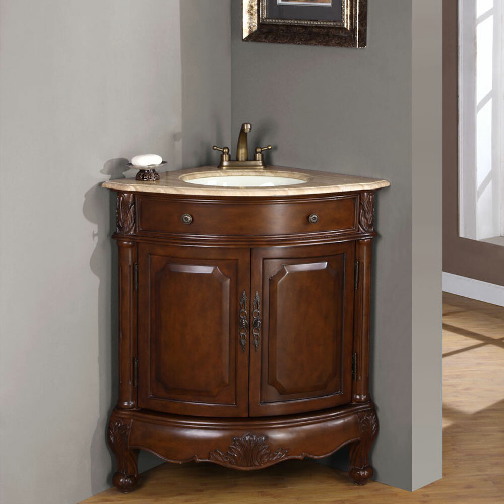 Brown Solid Manufactured Wood Stone Corner Single Sink Cabinet Bathroom Vanity Set