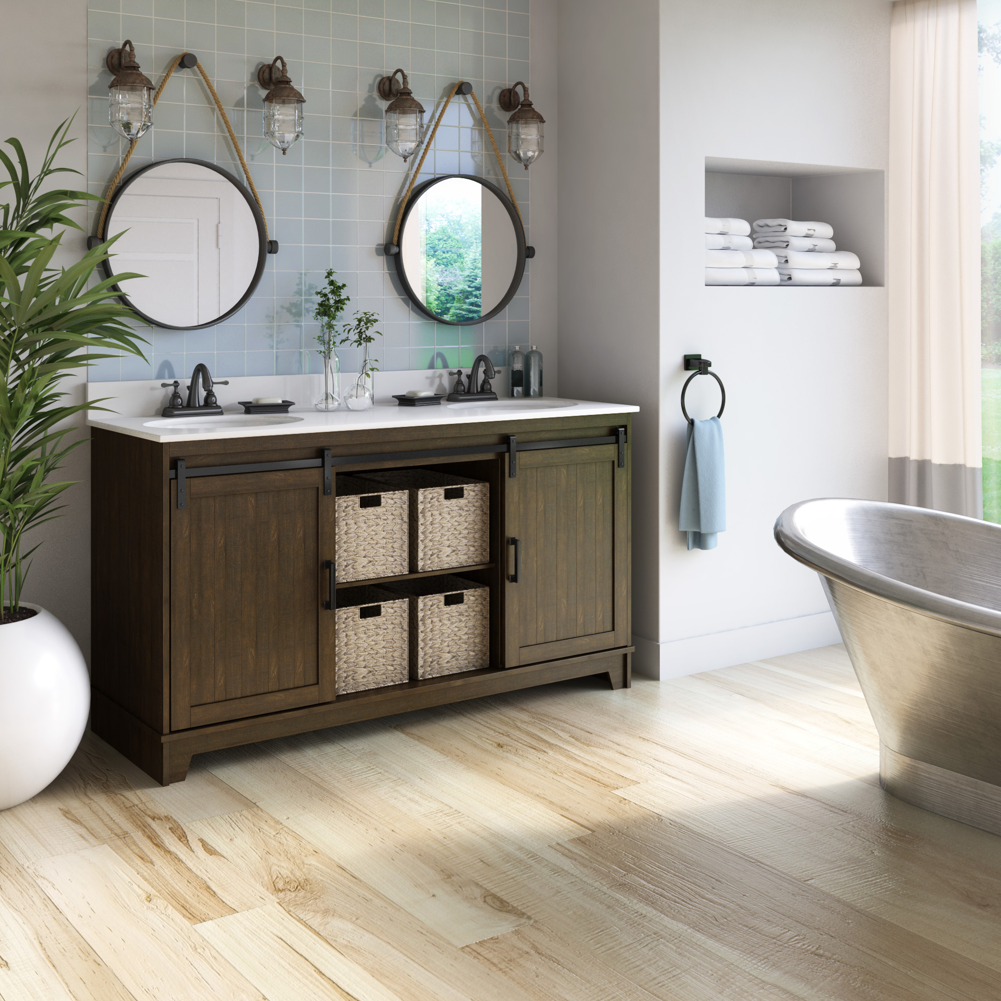Ceramic Stone Manufactured Wood Double Bathroom Vanity Set