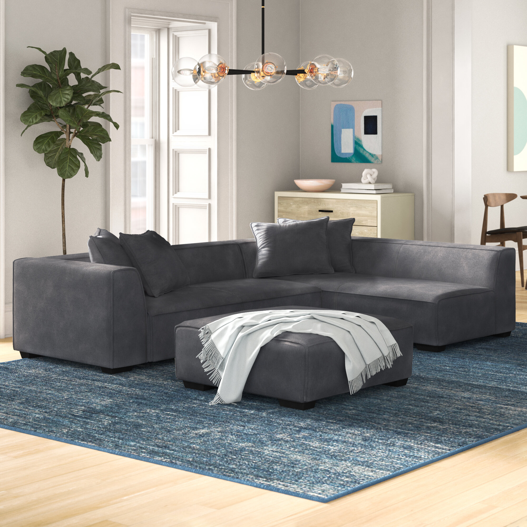 Charcoal Gray Velvet Modular Sectional With Ottoman