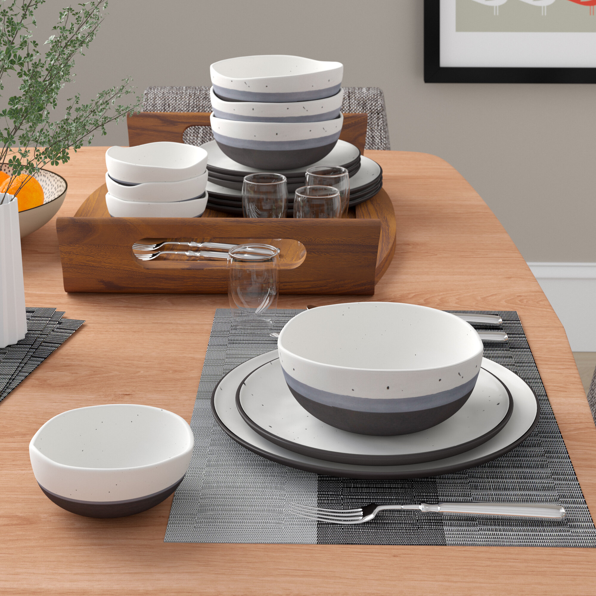Charcoal Off White Steel Gray Stoneware Dinnerware Set