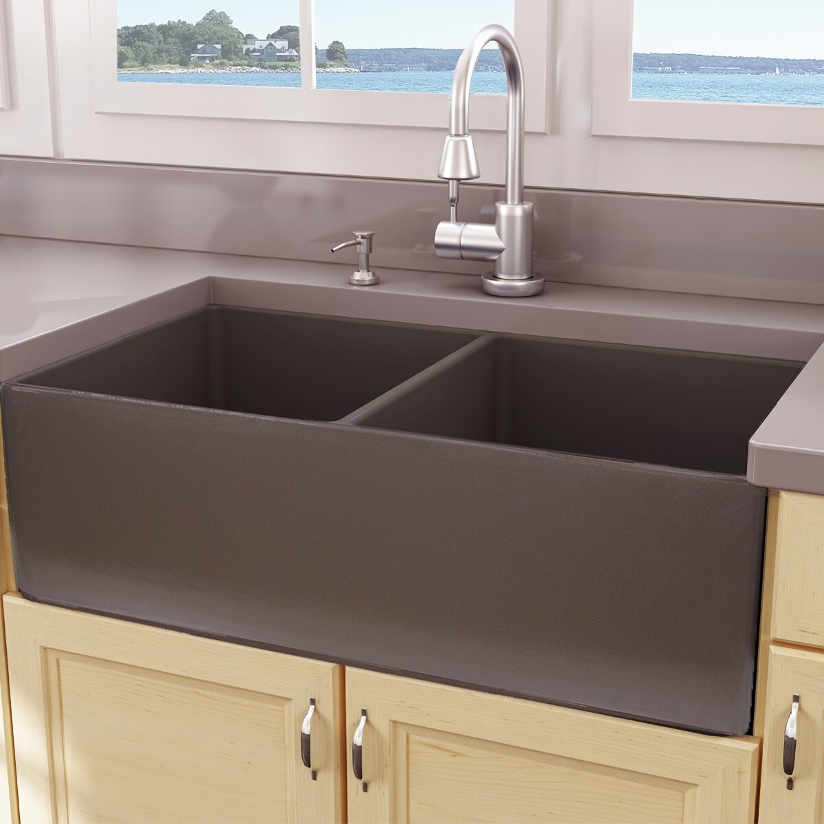 Coffee Brown Fireclay Double Basin Farmhouse Apron Kitchen Sink