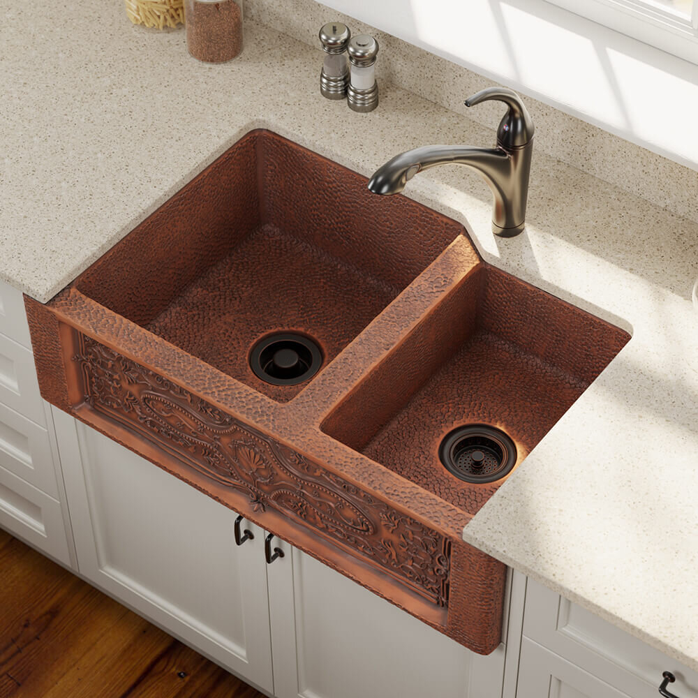 Copper Double Basin Farmhouse Apron Kitchen Sink With Additional Accessories