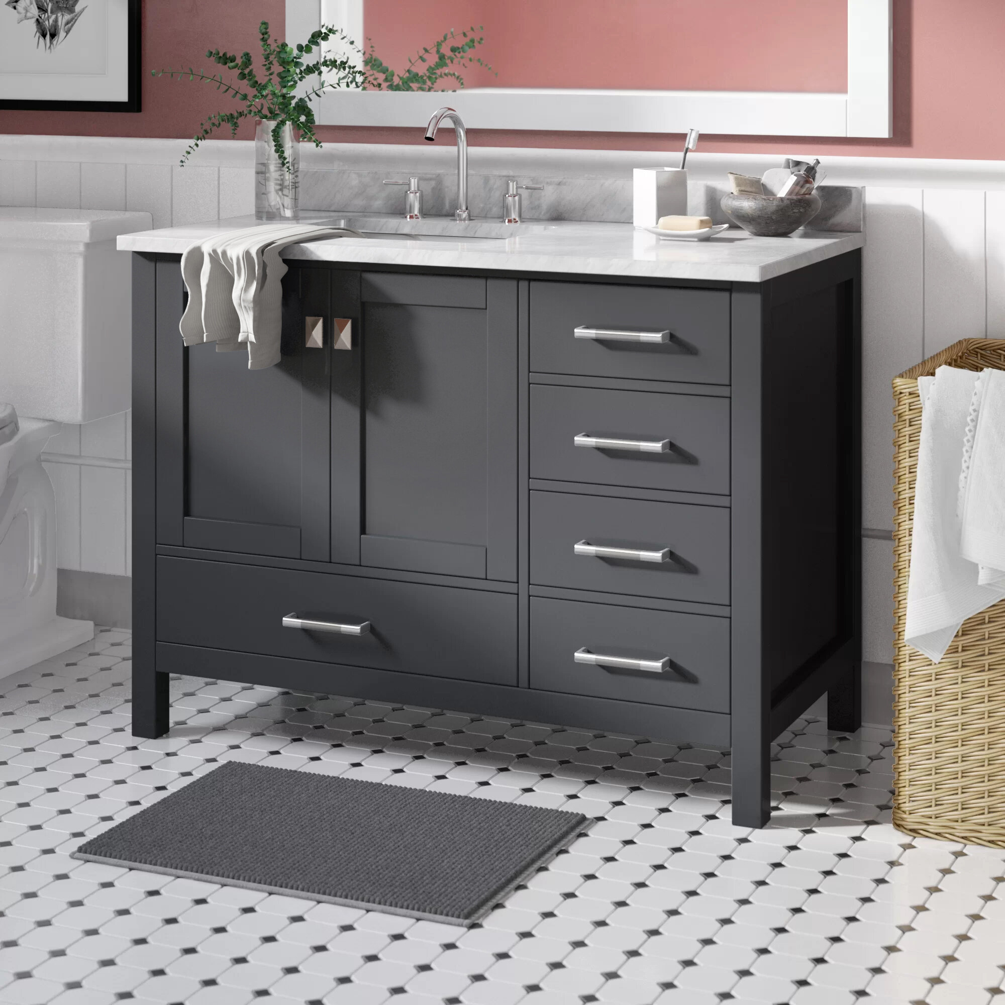 Dark Gray Stone Marble Italian Carrara Solid Wood Single Bathroom Vanity Set