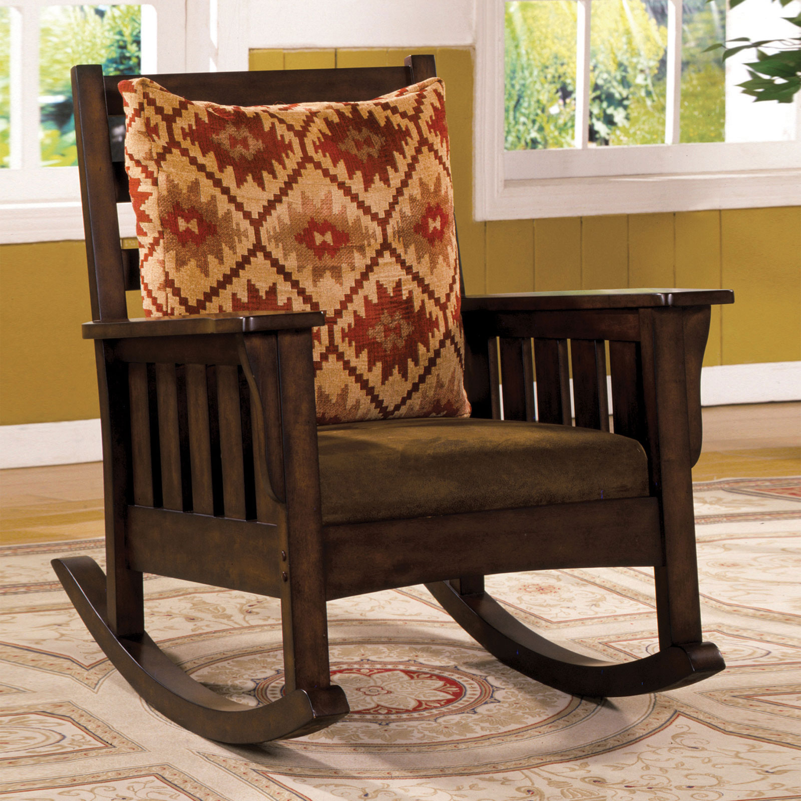 Dark Oak Solid Manufactured Wood Brown Fabric Rocking Chair
