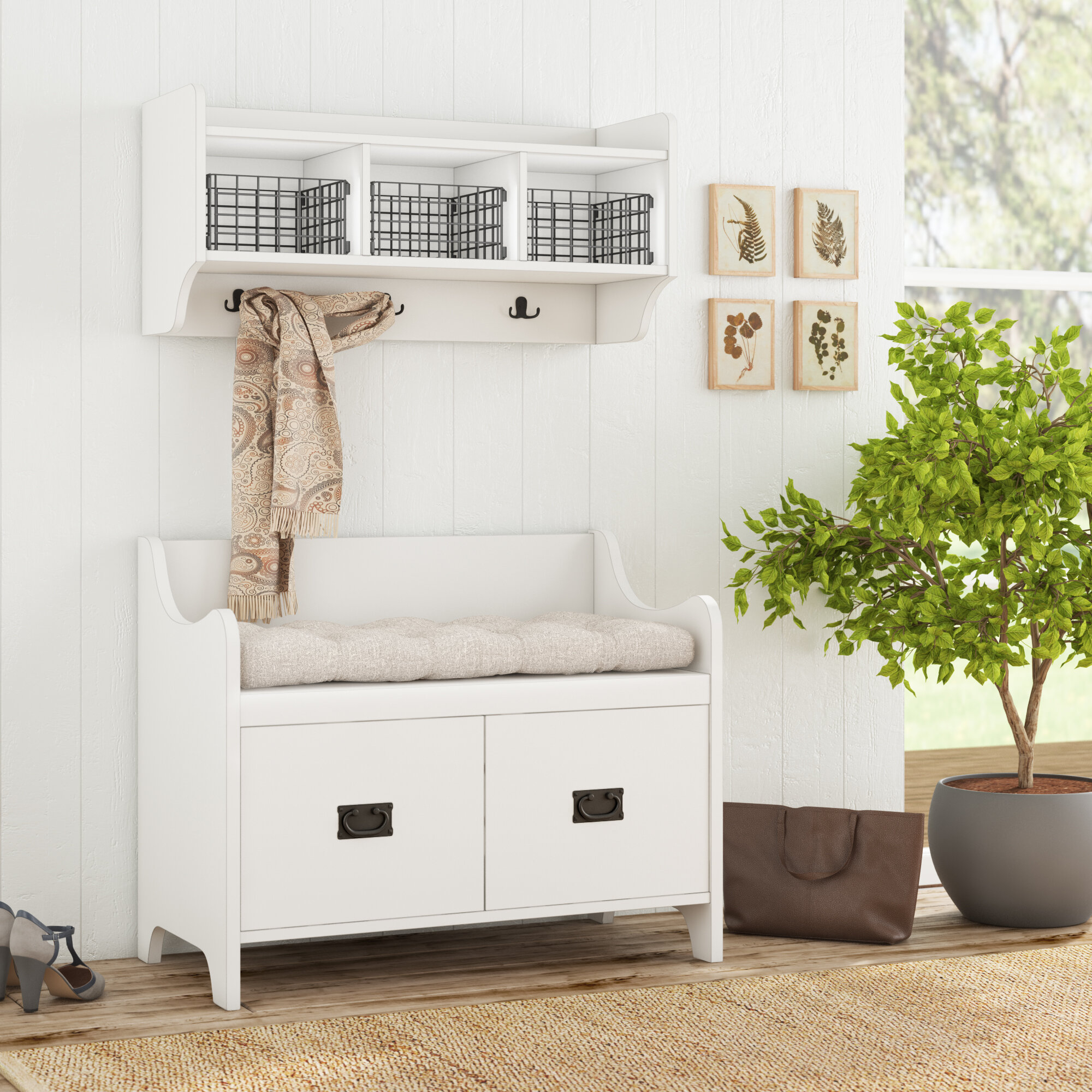 Distressed White Solid Manufactured Wood Hall Tree Bench Shoe Storage