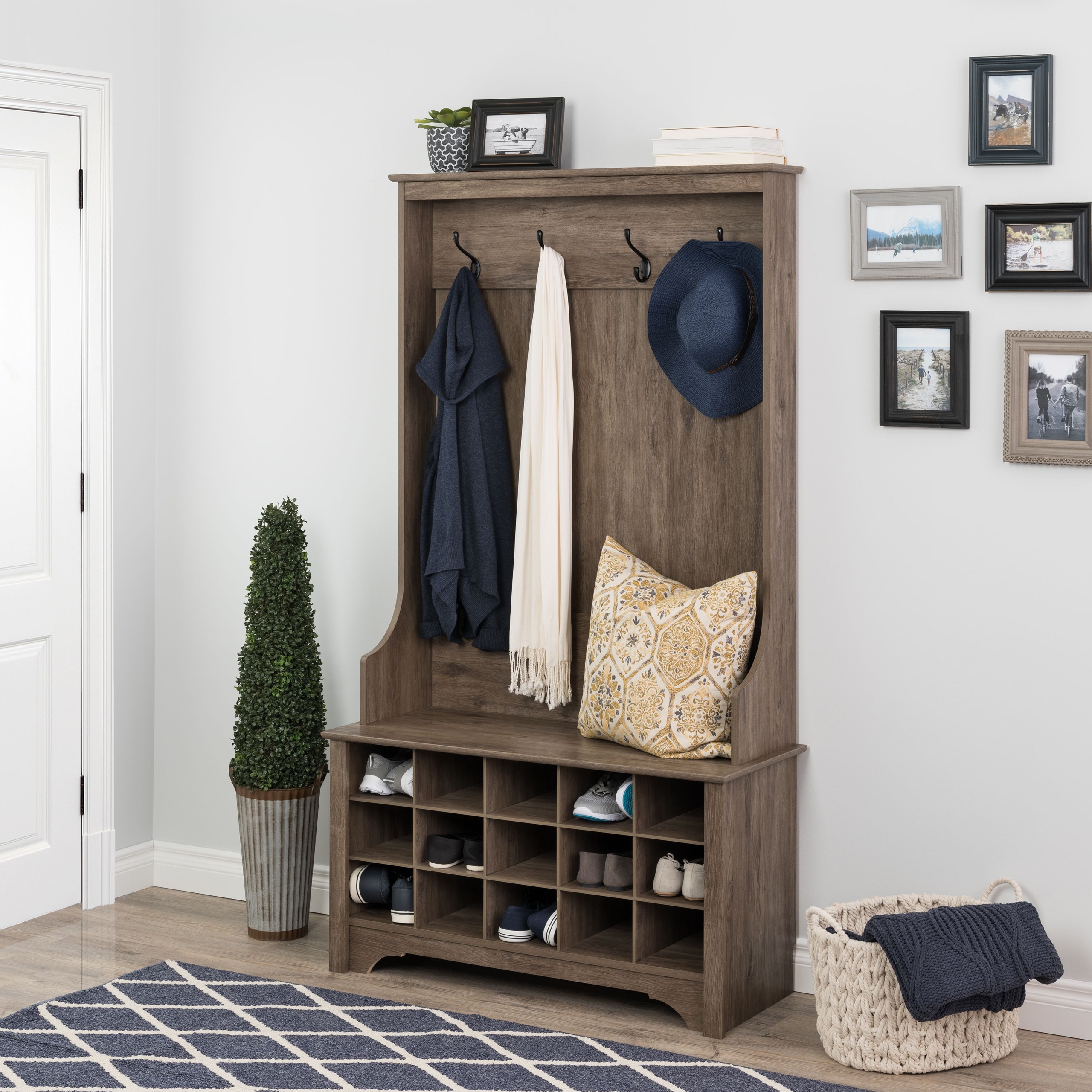 Drifted Gray Manufactured Wood Hall Tree With Bench And Shoe Storage