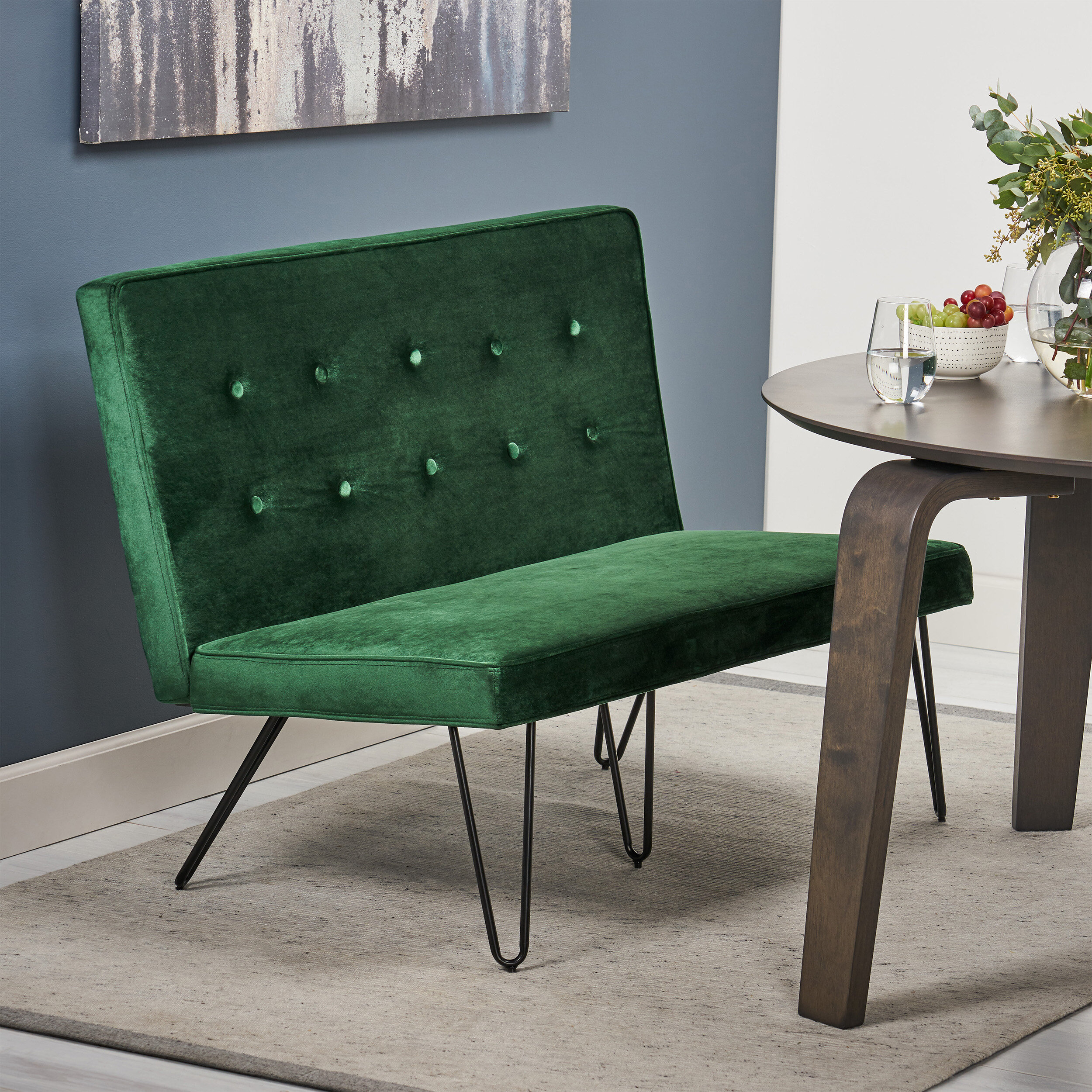 Emerald Velvet Metal Minimalist Dining Upholstered Bench