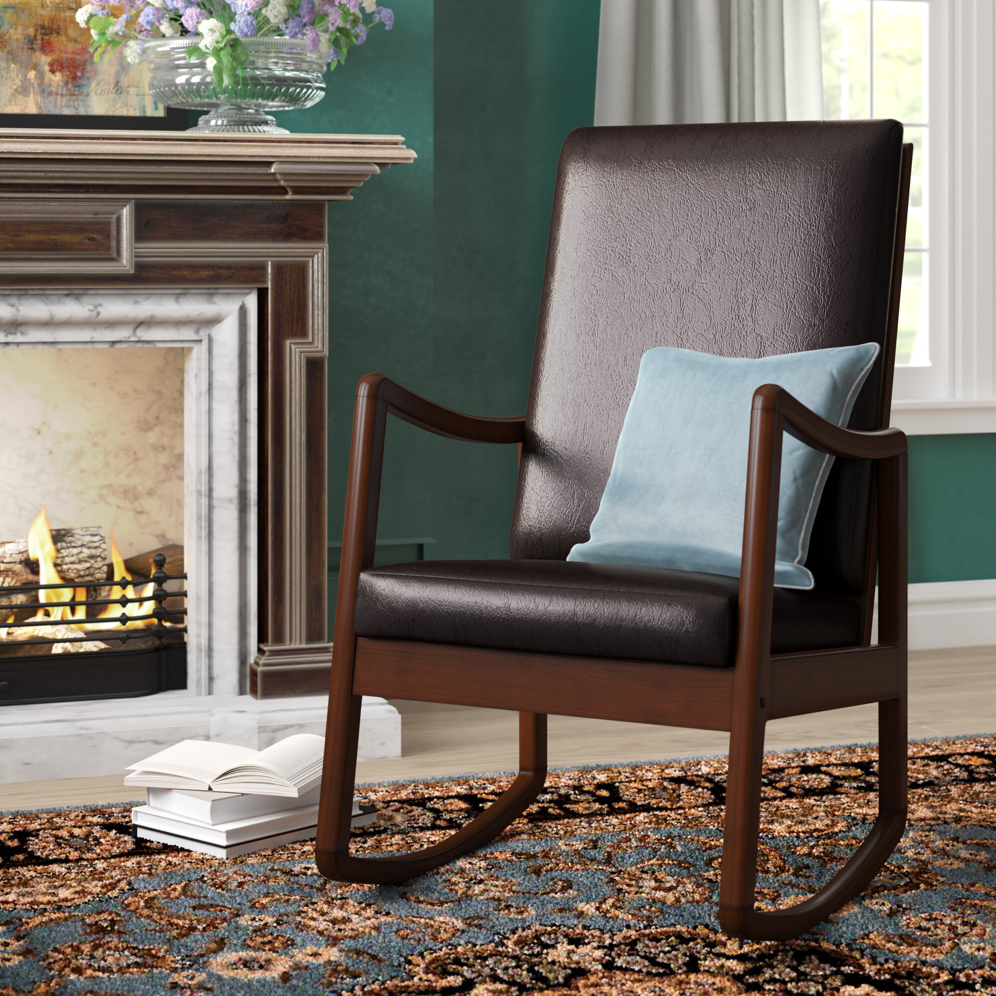 Espresso Faux Leather Brown Pine Solid Manufactured Wood Rocking Chair