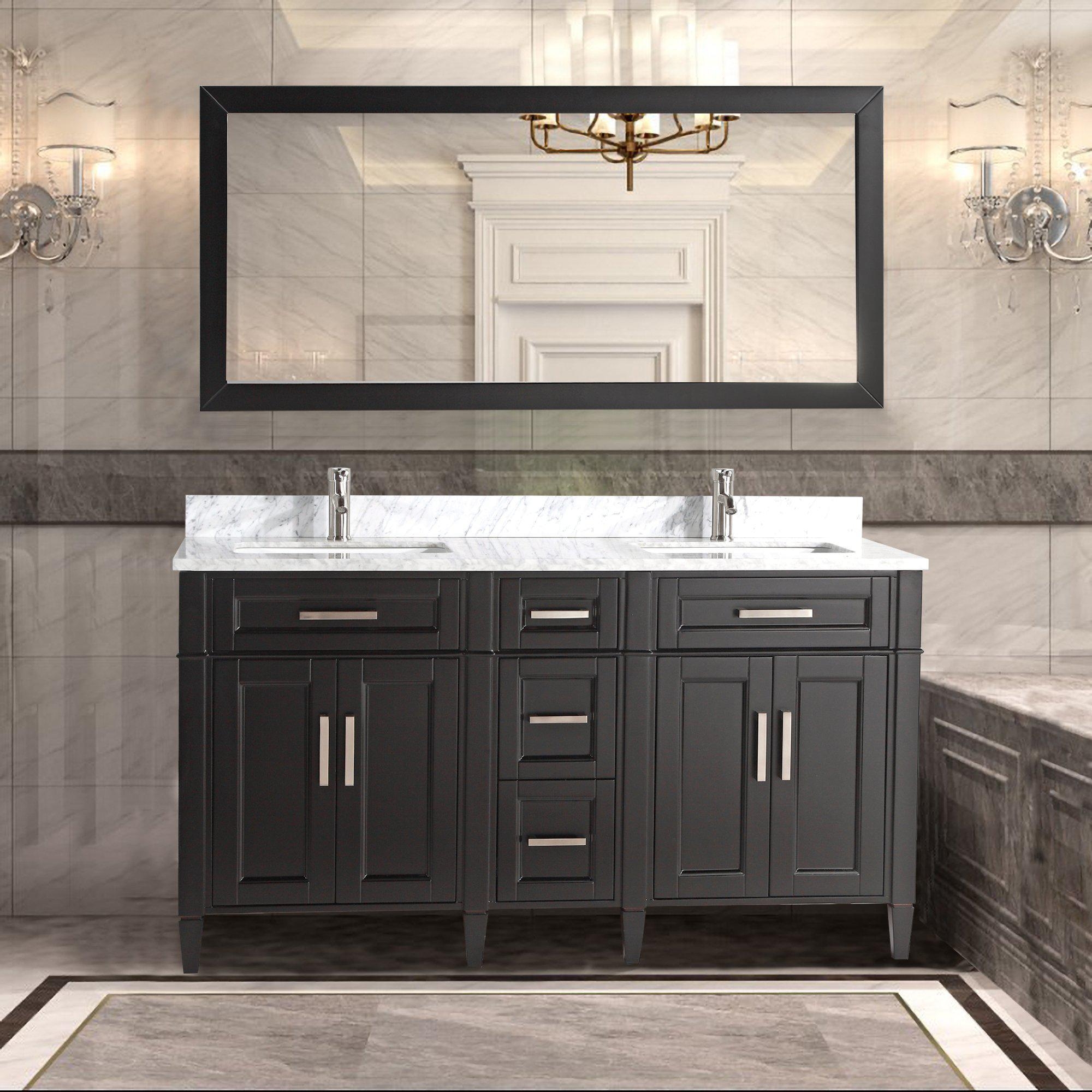 Espresso Marble Solid Wood Double Bathroom Vanity Set With Mirror