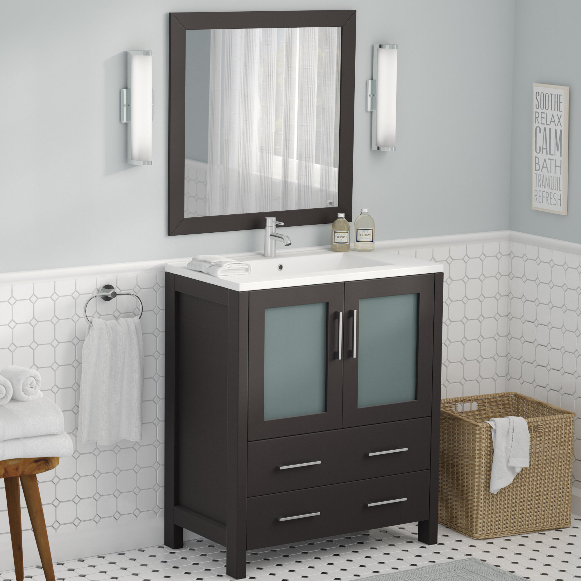 Espresso White Ceramic Oak Solid Wood Single Bathroom Vanity Set With Mirror