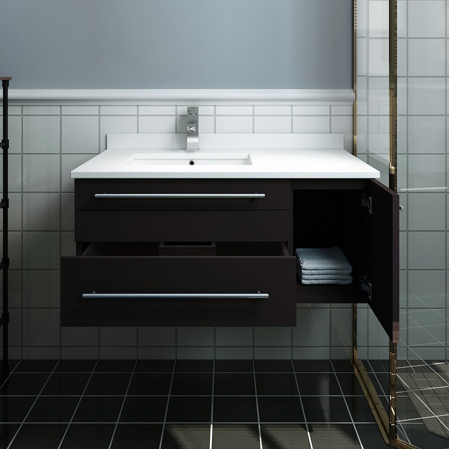 Espresso White Solid Manufactured Wood Quartz Wall Hung Undermount Sink Single Bathroom Vanity