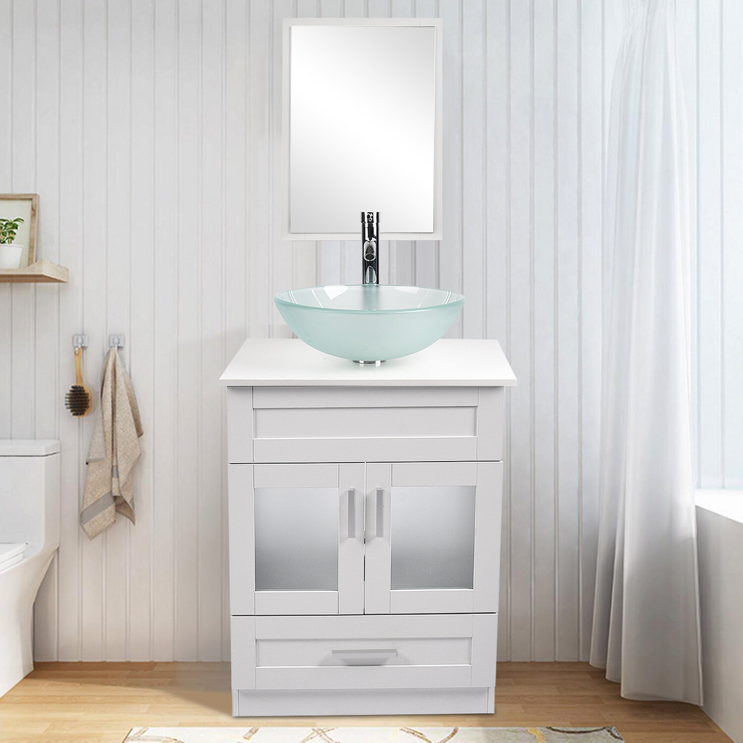 Frosted Off White Plastic Rubberwood Sink Vessel Single Bathroom Vanity Set With Mirror