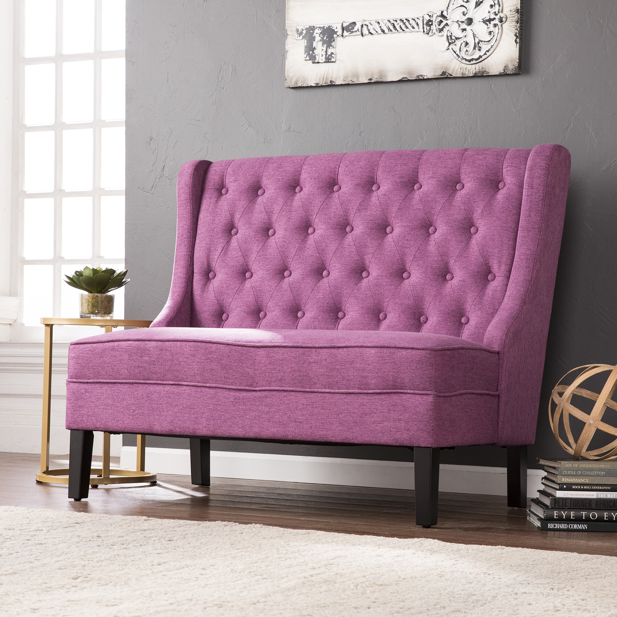 Fuchsia Linen Solid Wood High Back Settee Hallway Upholstered Bench