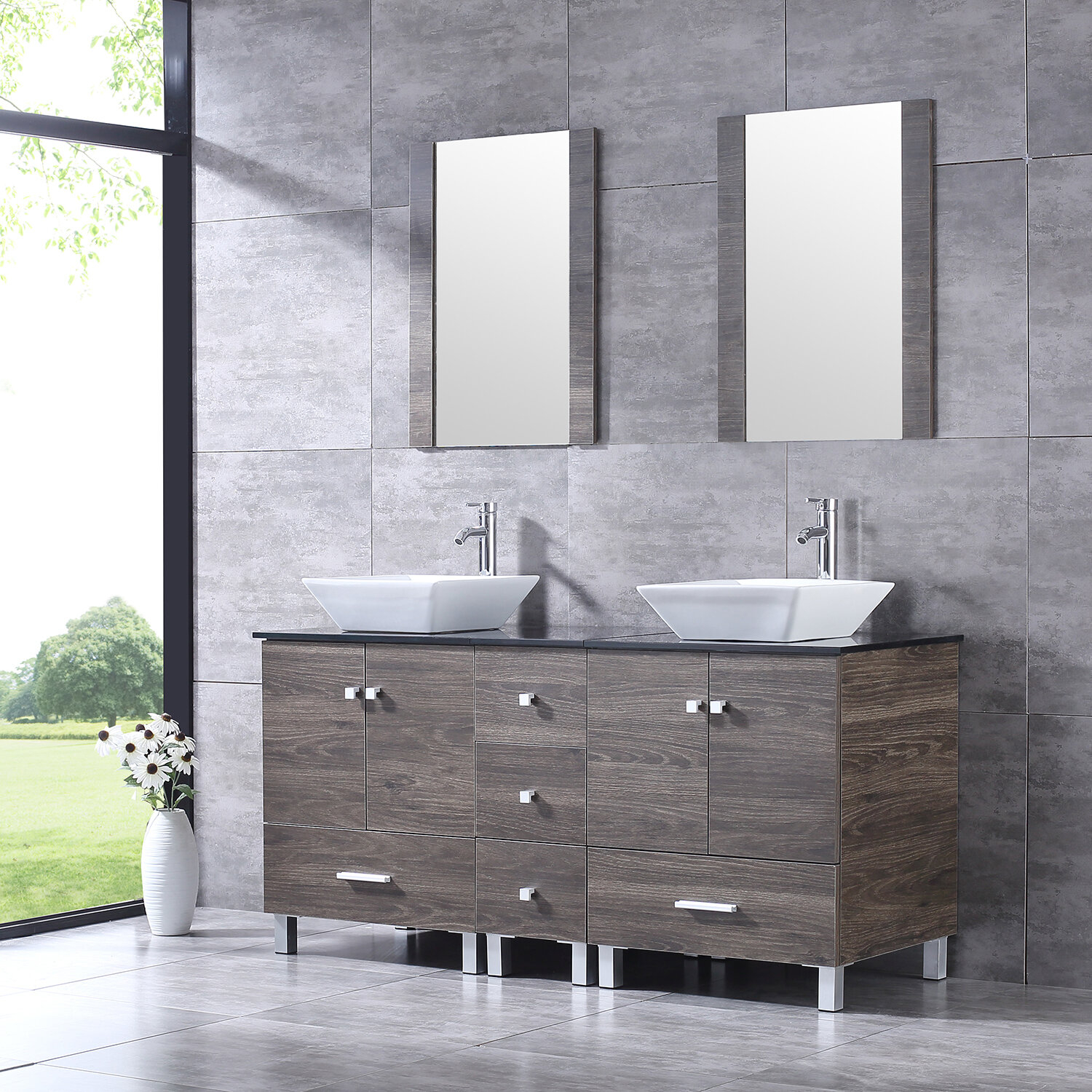 Glass Black Brown Manufactured Wood Freestanding Double Bathroom Vanity