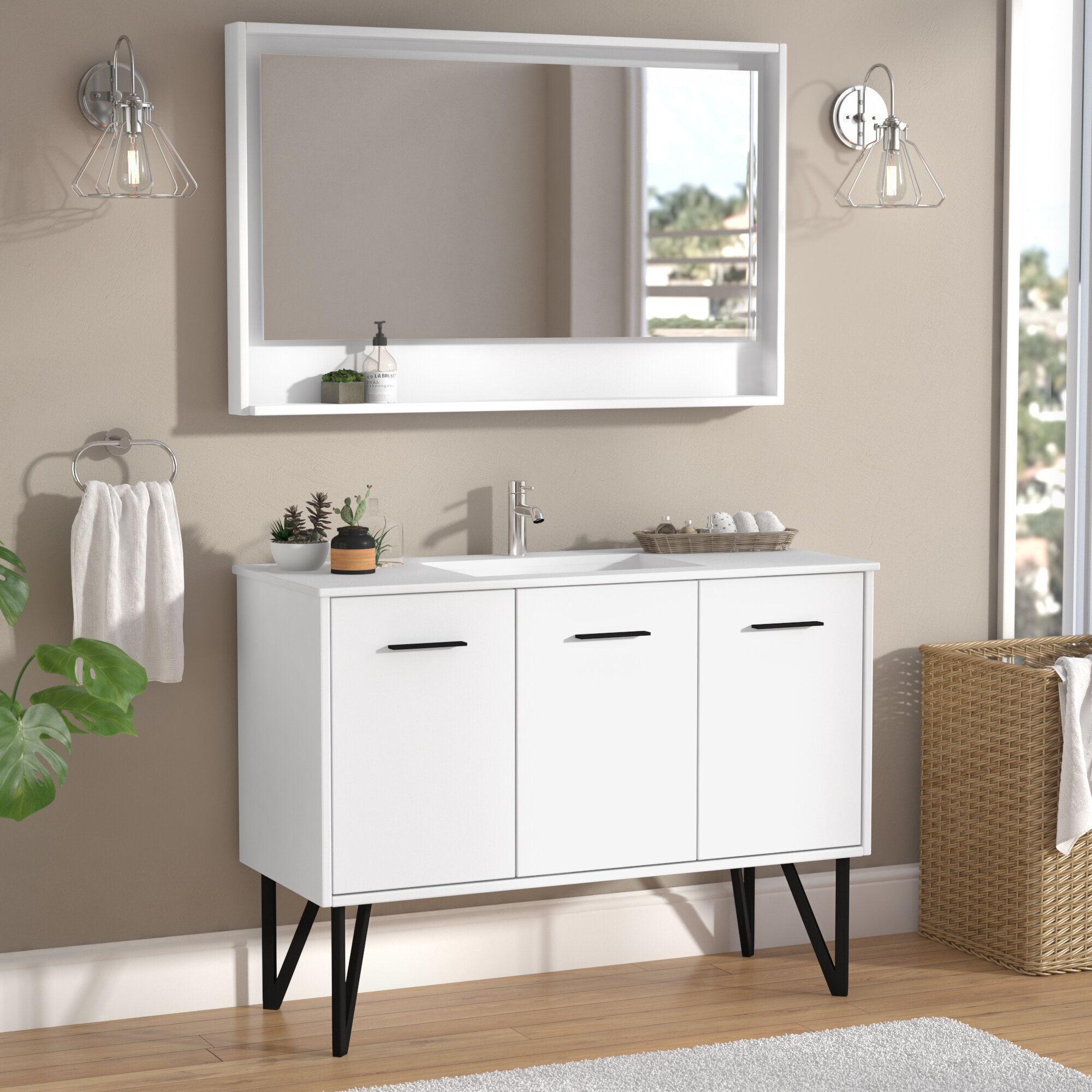 Gloss White Cream Quartz Solid Wood Single Bathroom Vanity Set With Mirror