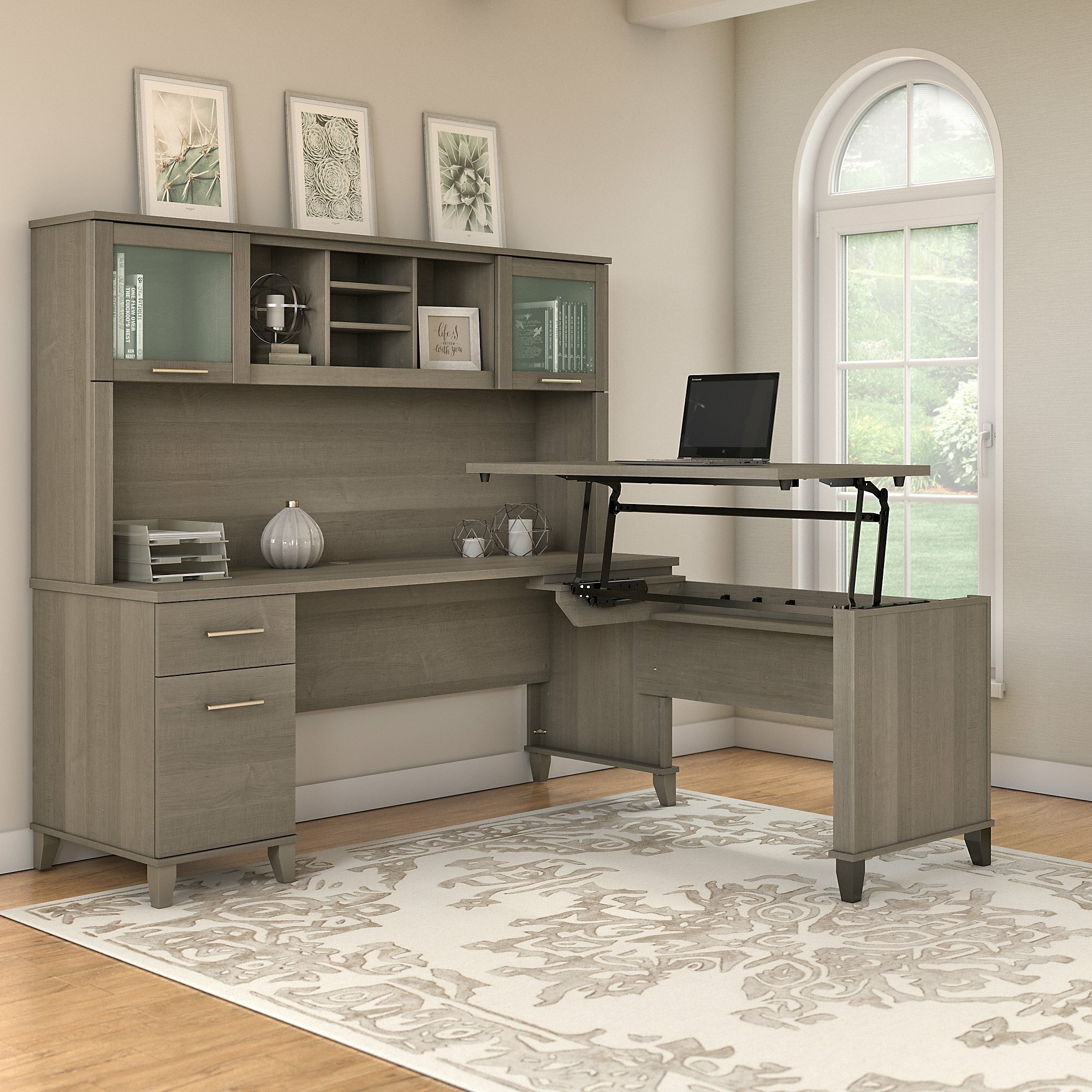 Goin Height Adjustable L-Shape Standing Desk with Hutch