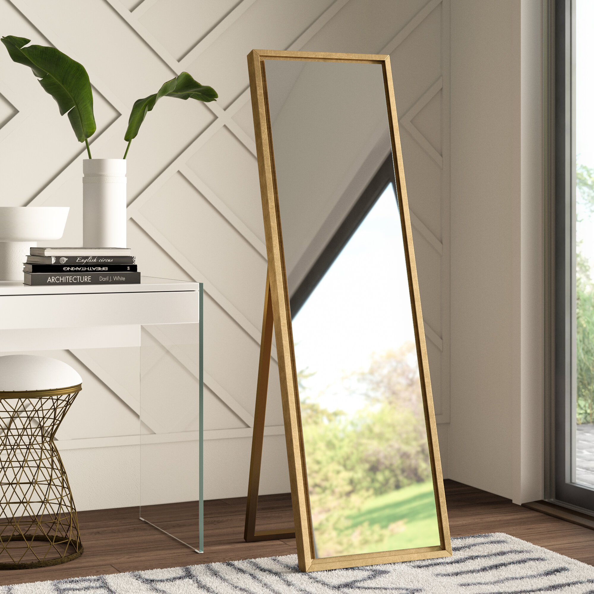 Gold Wood Vertical Rectangle Leaning Freestanding Modern &amp;amp;amp;amp;amp;amp;amp; Contemporary Beveled Free Standing Full Length Mirror