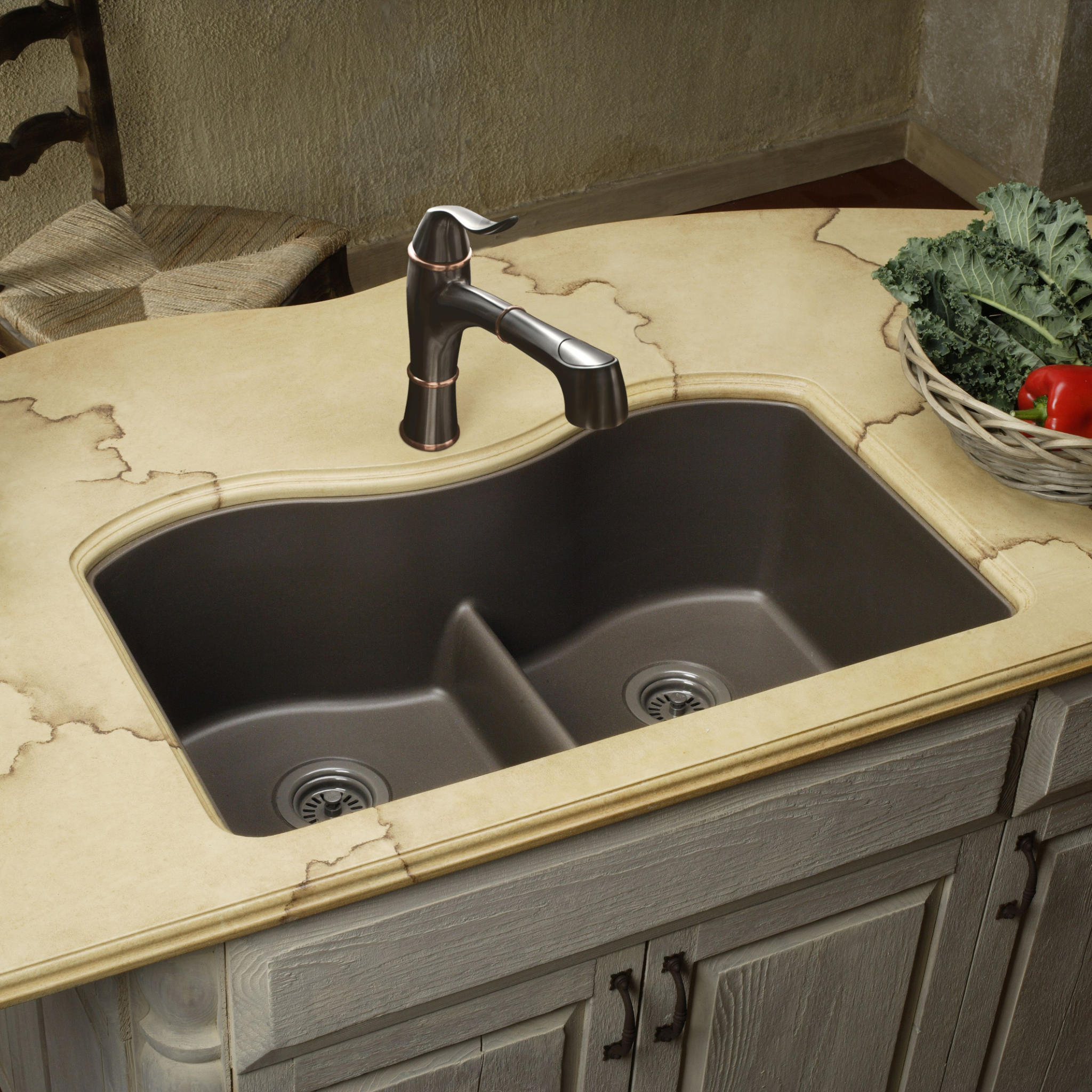 Granite Composite Quartz Mocha Classic Double Basin Undermount Kitchen Sink