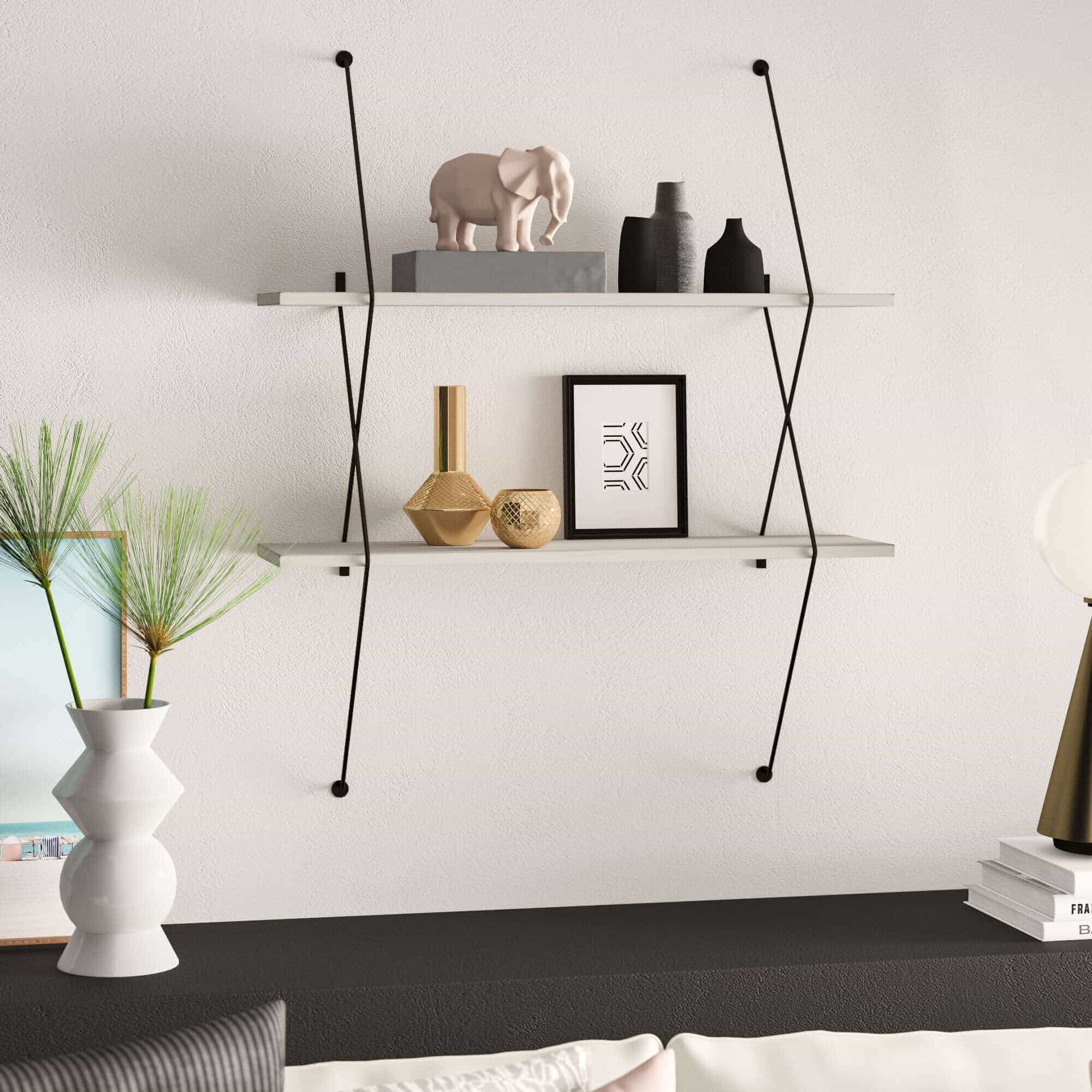 Gray Black Metal Manufactured Wood Tiered Wall Shelf
