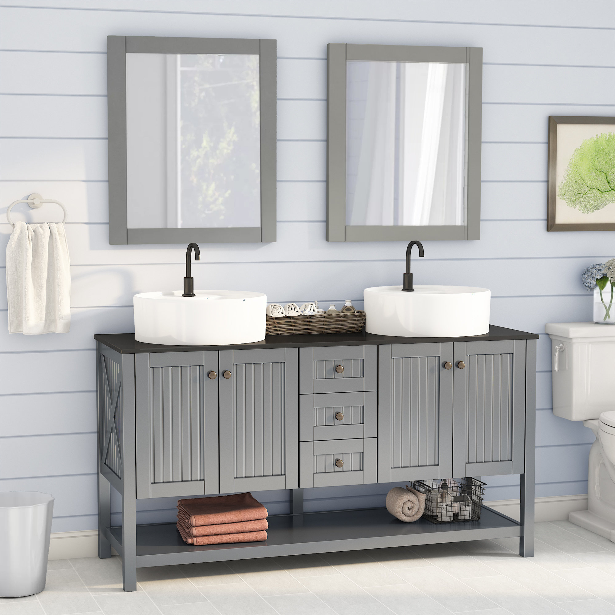 Gray Black Oak Solid Manufactured Wood Tempered Glass Coastal Double Bathroom Vanity Set