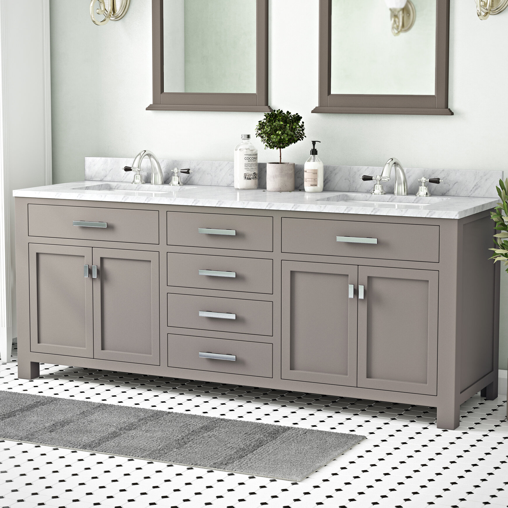 Gray Carrara White Marble Solid Wood Double Bathroom Vanity Set