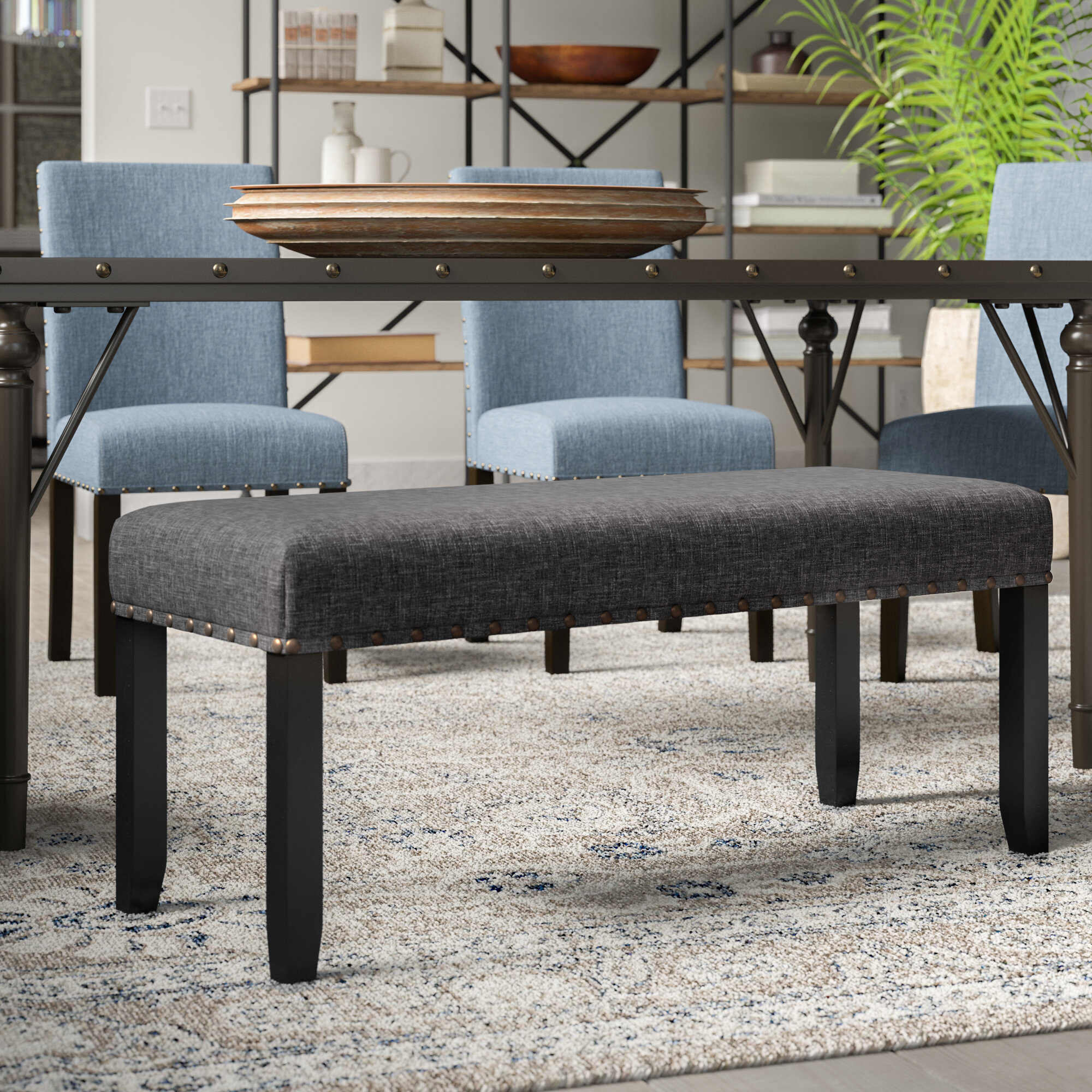 Gray Cotton Solid Wood Dining Upholstered Bench With Nailhead Trim