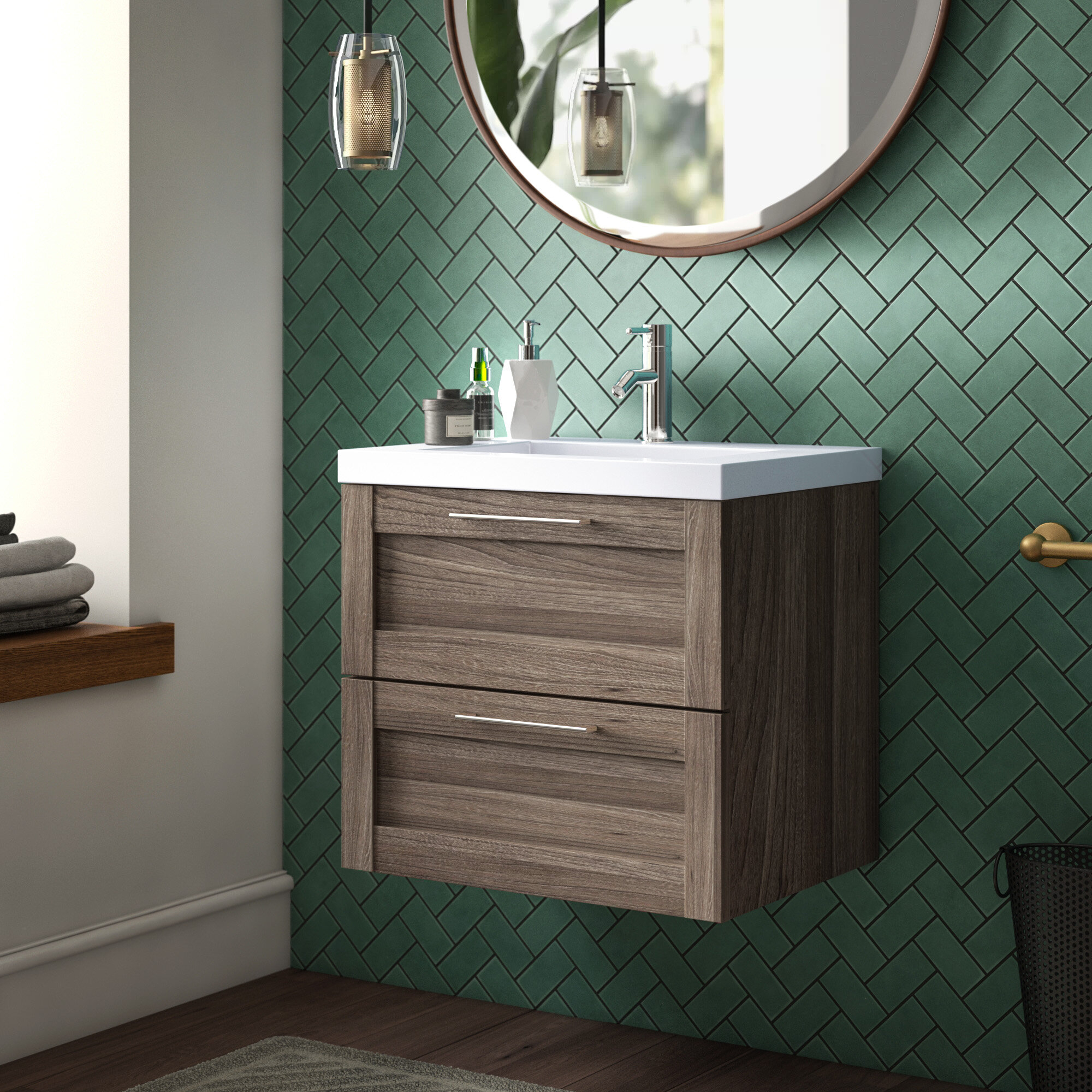 Gray Elm Polymarble Manufactured Wood Drawers Wall Mounted Single Bathroom Vanity Set