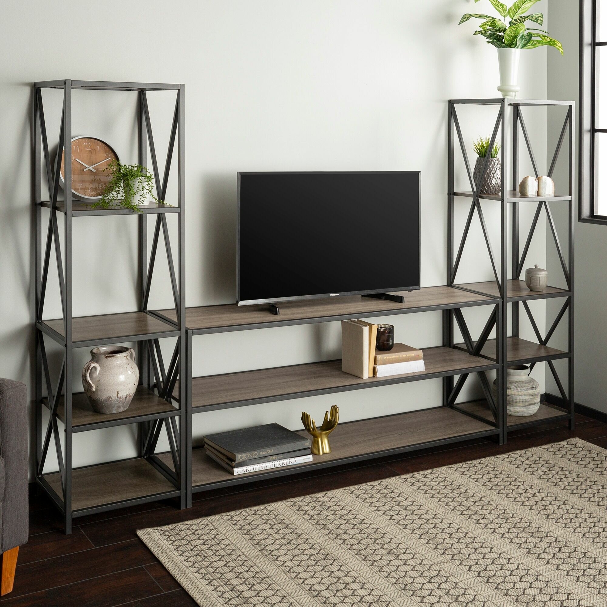 Gray Manufactured Wood Metal Entertainment Center