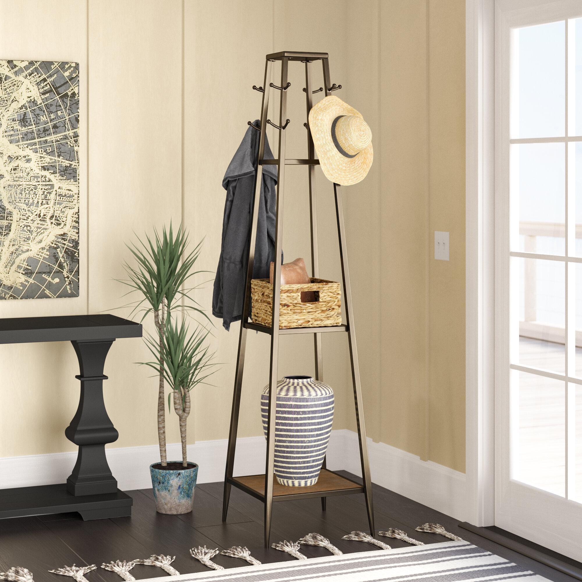 Gray Metal Solid Wood Freestanding Coat Rack