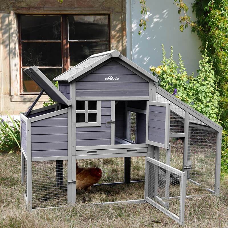 Gray Metal Wooden Chicken Coop With Chicken Run