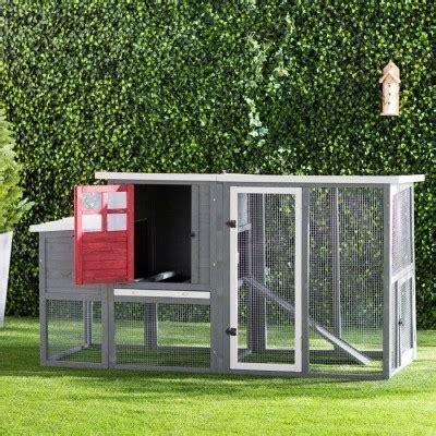 Gray Red White Fir Wood Chicken Coop With Roosting Bar