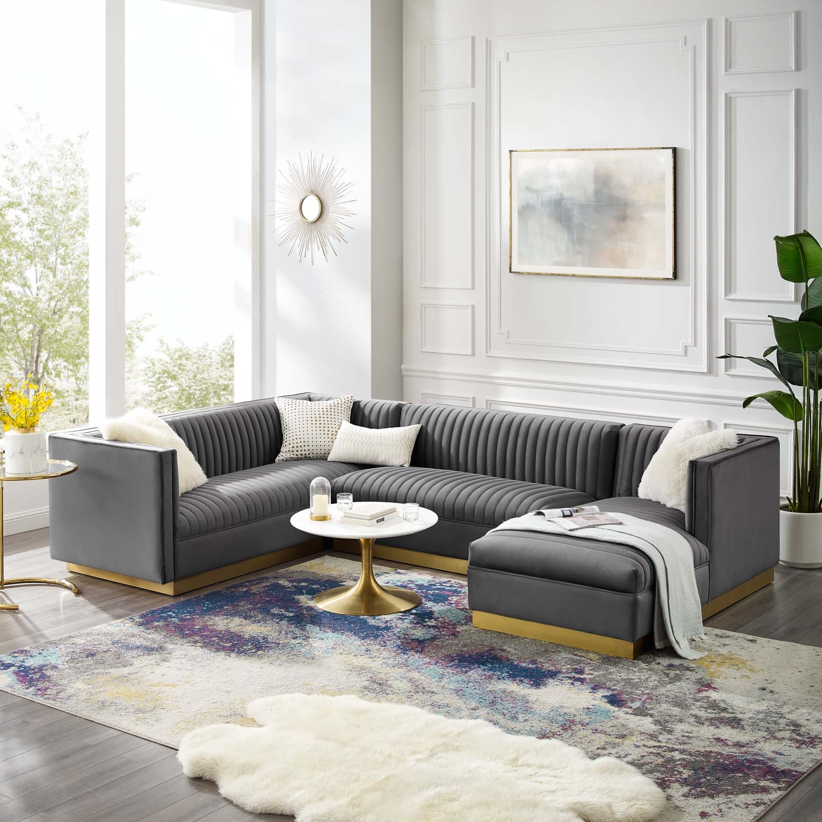 Gray Velvet U Shaped Symetrical Sectional