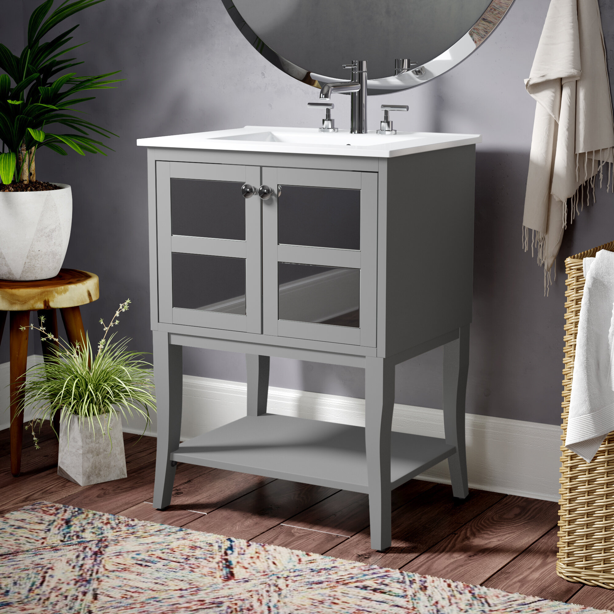 Gray White Ceramic Solid Manufactured Wood Freestanding Single Bathroom Vanity Set
