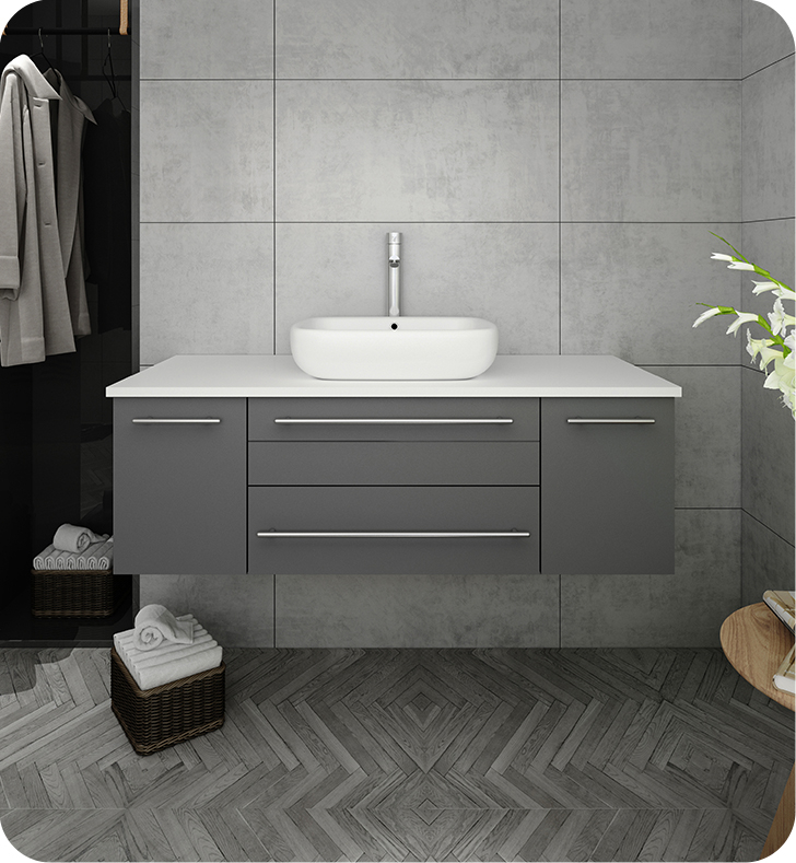 Gray White Quartz Stone Solid Manufactured Wood Wall Hung Single Bathroom Vanity