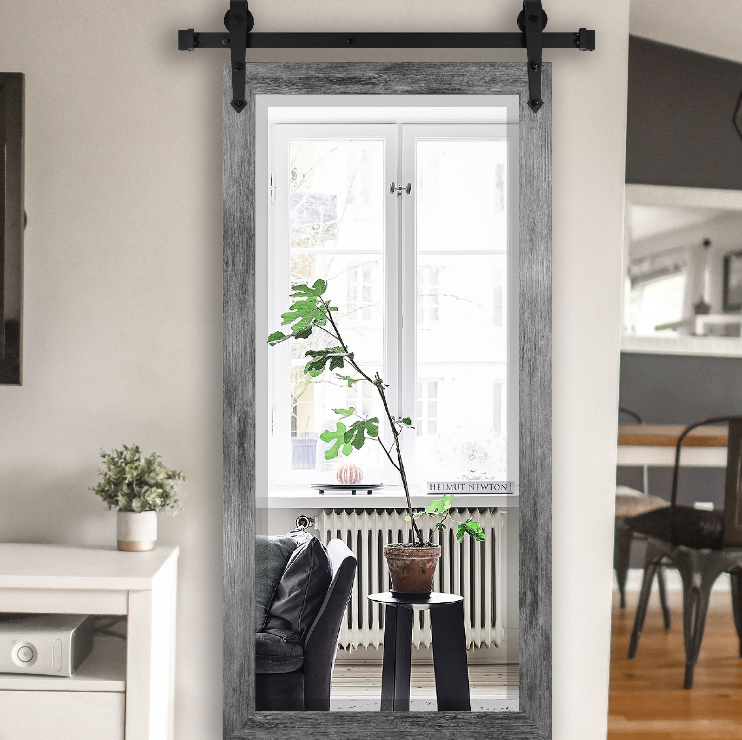 Gray Wood Rectangle Vertical Wall Mounted Beveled Tall Full Length Mirror