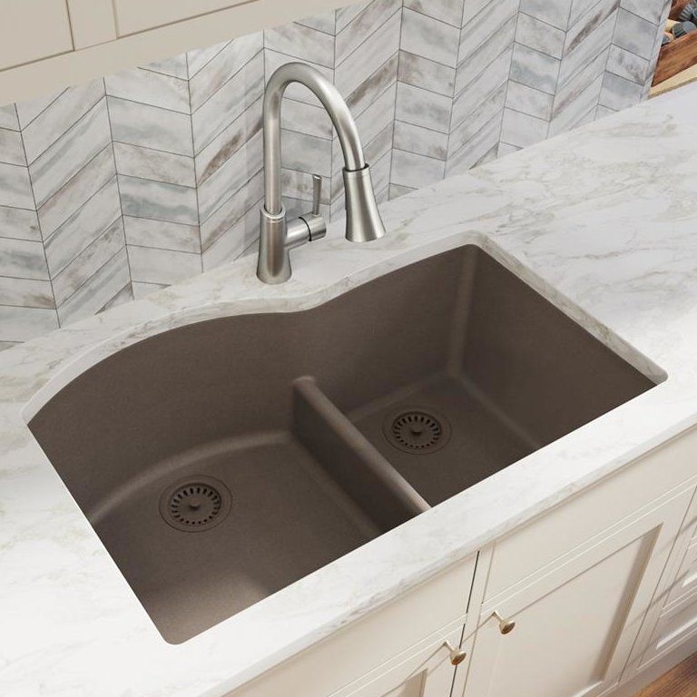 Greige Stone Double Basin Undermount Kitchen Sink With Aqua Divide