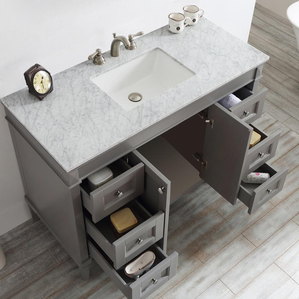 Grey Carrara Marble Solid Manufactured Wood Drawers Cabinets Single Bathroom Vanity Set