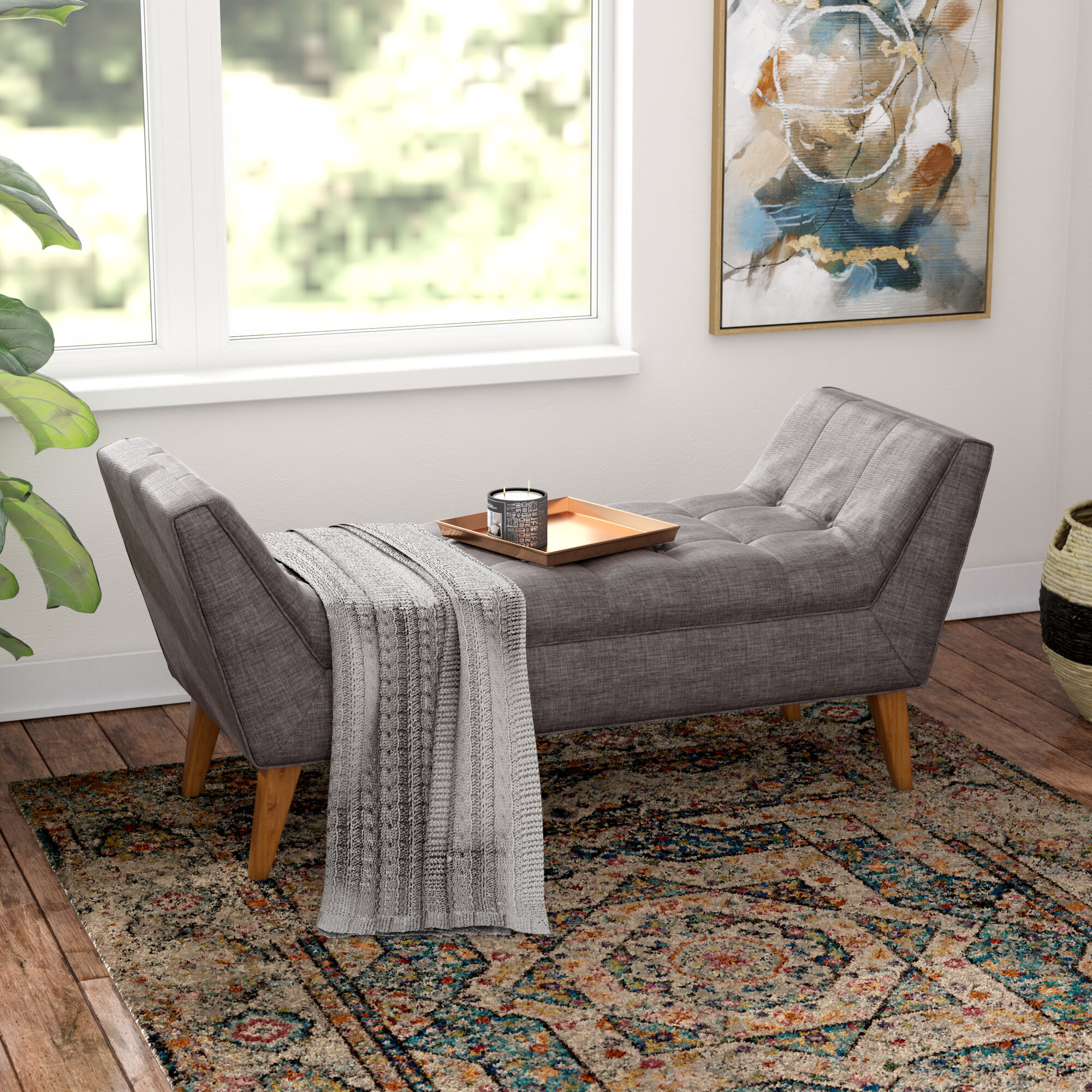 Grey Linen Bedroom Upholstered Bench