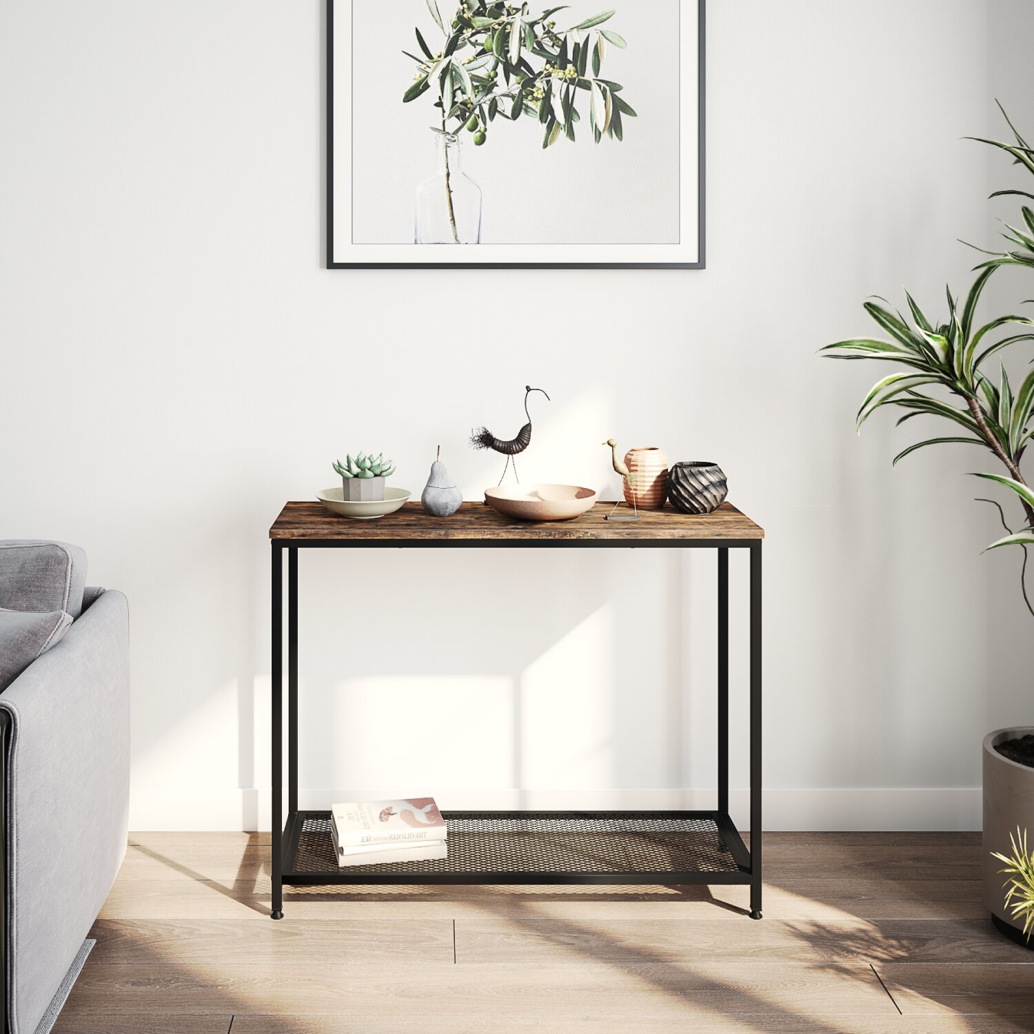 Industrial Console Table With Single Shelf, Rustic Brown