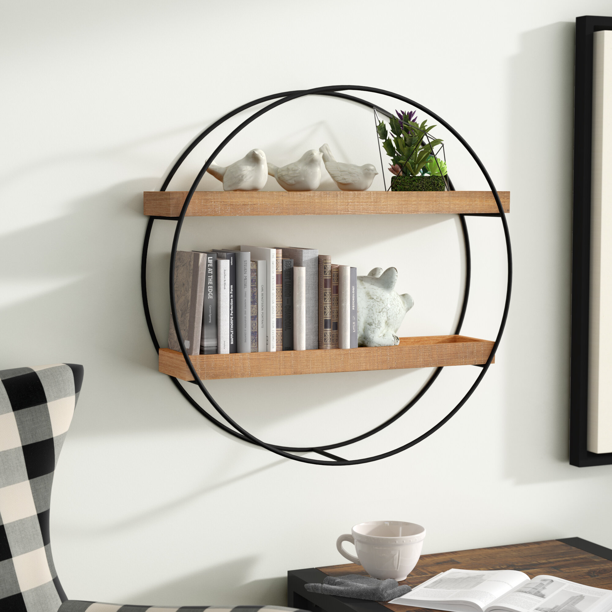 Industrial Pipe Round Metal And Wood Wall Shelf