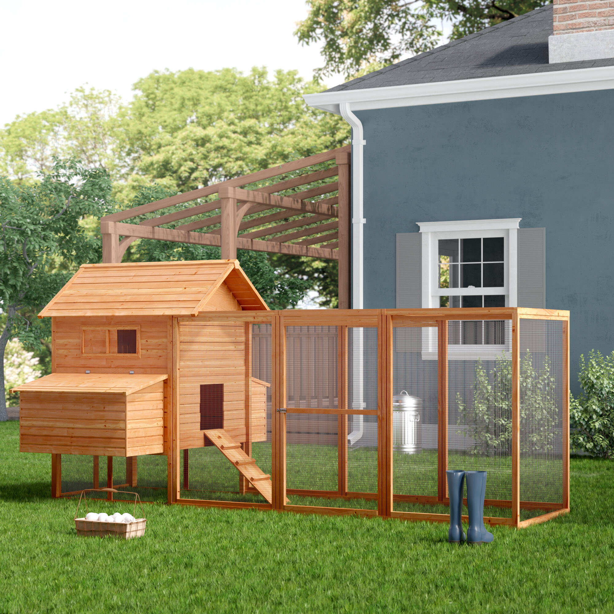 Light Brown Fir Wood Chicken Coop With Chicken Run