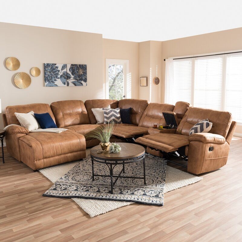 Light Brown Genuine Leather Curved Reclining Sectional