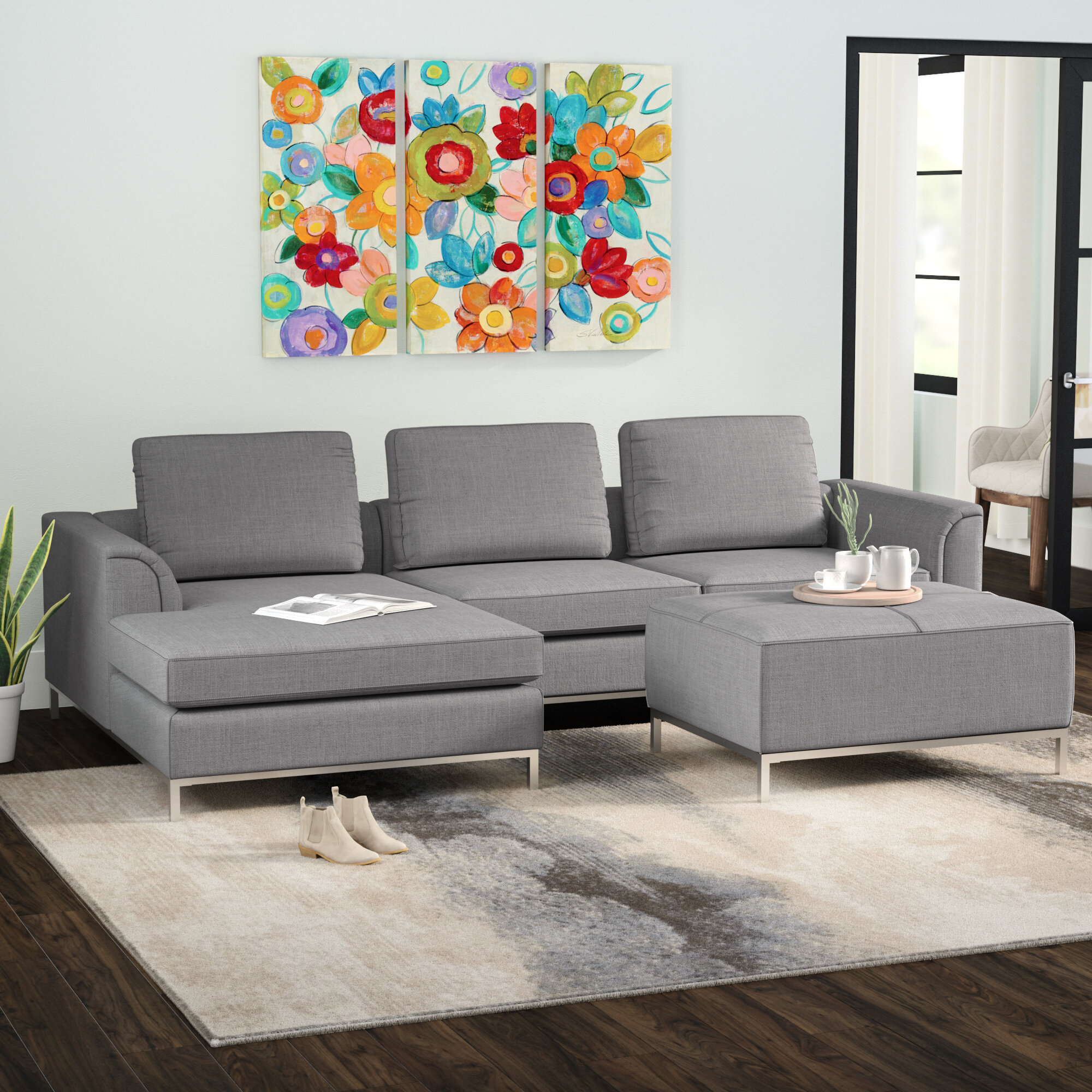 Light Gray Polyester Blend Sofa &amp;amp;amp; Chaise With Ottoman